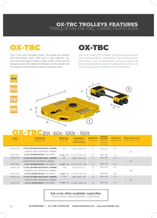 16 OX WORLDWIDE | tel. (+34) 932 895 474 · info@oxworldwide.com · www.oxworldwide.com
OX-TBC
This is the most complete model. This model can operate
with three-phase mains (380 Vac) or with batteries. You
can choose the type of power supply. It also comes with an
hydraulic pump that creates the elevation of the cylinder and
the rotation of the wheels by means of a geared motor.
OX-TBC
Este es el modelo más completo. Este modelo puede operar
con red trifásica (380 V) o con baterías. Tiene un selector para
poder elegir el tipo de alimentación. Asimismo dispone de
una bomba hidráulica que genera la elevación del cilindro y la
rotación de las ruedas mediante motores hidráulicos.
OX-TBC TROLLEYS FEATURES
TANQUETAS OX-TBC: CARACTERÍSTICAS
801TBC1030
801CT1030
1. OX TBC 030 THREE-PHASE TROLLEY + BATTERIES
TANQUETA OX TBC 030 TRIFÁSICA + BATERÍAS
2. OX CT 030 REAR TROLLEYS / PAR CARROS
15 t
15 t
1750 x 1678 x 270
(2 x 707) x 300 x 270
30 t
430
76 pair / par
8
8
200 x 100
200 x 100
200 x 100
200 x 100
200 x 100
200 x 100
250 x 140
250 x 140
801TBC1060
801CT1060
1. OX TBC 060 THREE-PHASE TROLLEY + BATTERIES
TANQUETA OX TBC 060 TRIFÁSICA + BATERÍAS	
2. OX CT 060 REAR TROLLEYS / PAR CARROS
30 t
30 t
1880 x 1678 x 302
(2 x 707) x 371 x 302
60 t
900
130 pair / par
12
12
801TBC1100
801CT1100
1. OX TBC 100 THREE-PHASE TROLLEY + BATTERIES
TANQUETA OX TBC 100 TRIFÁSICA + BATERÍAS
2. OX CT 100 REAR TROLLEYS / PAR CARROS
50 t
50 t
1602 x 2019 x 315
(2 x 707) x 497 x 315
100 t
1.350
170 pair / par
18
16
801TBC1150
801CT1150
1. OX TBC 150 THREE-PHASE TROLLEY + BATTERIES
TANQUETA OX TBC 150 TRIFÁSICA + BATERÍAS
2. OX CT 150 REAR TROLLEY / PAR CARROS
75 t
75 t
1800 x 2600 x 395
(2 x 860) x 683 x 395
150 t
2.000
210 pair / par
18
16
WHEELS
SIZE (MM)
MEDIDAS
RUEDAS
(mm)
CAPACITY (t)
CAPACIDAD (t)
WHEELS NR.
Nº RUEDAS
DIMENSIONS
DIMENSIONES
L X W X H (mm)
WEIGHT (kg)
PESO (kg)
CODE
CÓDIGO
DESCRIPTION
DESCRIPCIÓN
TOTAL CAPACITY (t)*
CAPACIDAD TOTAL (t)*
OX-TBC30t -60t- 100t - 150t
Ask us for other available capacities.
Para otras capacidades, consultar.
 