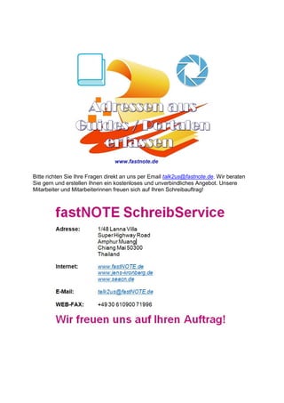 Bitte richten Sie Ihre Fragen direkt an uns per Email talk2us@fastnote.de. Wir beraten
Sie gern und erstellen Ihnen ein kostenloses und unverbindliches Angebot. Unsere
Mitarbeiter und Mitarbeiterinnen freuen sich auf Ihren Schreibauftrag!
 