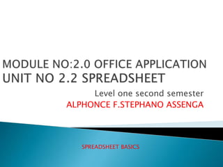 Level one second semester
ALPHONCE F.STEPHANO ASSENGA
SPREADSHEET BASICS
 