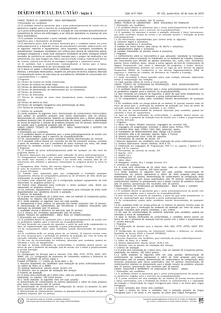 Documento assinado digitalmente conforme MP nº 2.200-2 de 24/08/2001,
que institui a Infraestrutura de Chaves Públicas Brasileira - ICP-Brasil.
Este documento pode ser verificado no endereço eletrônico
http://www.in.gov.br/autenticidade.html, pelo código 05302019053000065
65
Nº 103, quinta-feira, 30 de maio de 2019ISSN 1677-7069Seção 3
CARGO: TÉCNICO DE LABORATÓRIO - ÁREA: ENFERMAGEM
1 Orientações aos candidatos
1.1 O candidato deverá se apresentar para a prova prática/operacional de acordo com os
parâmetros exigidos para o exercício da ocupação/profissão.
1.2 A prova prática/operacional consiste na simulação de uma atividade (procedimento) de
competência do técnico em enfermagem, a ser feita em laboratório na presença de uma
banca examinadora.
1.3 O candidato irá desenvolver o ponto sorteado, utilizando os materiais e equipamentos
específicos para o desempenho da atividade.
1.4 O laboratório possui toda a estrutura necessária para o candidato realizar sua prova
prática/operacional e, a depender do tipo de procedimento sorteado, poderá contar com
os seguintes materiais e equipamentos: cama hospitalar; manequins simuladores de
procedimentos; manequins simuladores com orifícios para técnica de cateterismo vesical,
sondagem nasogástrica e sonda retal; manequins simuladores de parto; manequim infantil
simulador de assistência ao recém-nascido; bancadas para o preparo de medicação a ser
administrada; pias para lavagem das mãos e para escovação cirúrgica; material para técnica
de curativo; material para técnica de sondagem nasogástrica e cateterismo vesical.
1.5 O candidato fará o procedimento contextualizando a técnica para a banca,
descrevendo-a, entendendo-se ser uma situação real.
1.6 A banca irá avaliar o desempenho do candidato considerando os seguintes aspectos:
destreza, a articulação teoria-prática, respeito aos princípios da técnica asséptica, descrição
e fundamentação teórica de cada etapa do procedimento, habilidade de comunicação com
o paciente/cliente e o registro.
2 Programa
2.1 Técnica de curativo em ferida contaminada.
2.2 Técnica de curativo em ferida limpa.
2.3 Técnica de administração de medicamentos por via intramuscular.
2.4 Técnica de administração de medicamentos por via intravenosa.
2.5 Técnica de venóclise.
2.6 Técnica de enteróclise.
2.7 Técnica de aferição de sinais vitais (temperatura, pulso, respiração e pressão
arterial).
2.8 Técnica de banho no leito.
2.9 Técnica de sondagem nasogástrica para administração de dieta.
2.10 Técnica de escovação cirúrgica.
3. Critérios de avaliação
3.1 Serão avaliados os seguintes itens: demonstração de conhecimento teórico-prático
para análise do problema proposto pela banca examinadora (até 20 pontos);
demonstração de conhecimentos relativos ao planejamento para a devida solução do
problema proposto (até 20 pontos); demonstração de clareza, coerência e objetividade
na forma de explicitar a solução do problema proposto (até 20 pontos); demonstração
da solução para o problema proposto (até 40 pontos).
CARGO: CARGO: TÉCNICO DE LABORATÓRIO - ÁREA: MANUTENÇÃO E SUPORTE EM
INFORMÁTICA
1 Orientações aos candidatos
1.1 O candidato deverá se apresentar para a prova prática/operacional de acordo com
os parâmetros exigidos para o exercício da ocupação/profissão.
1.2 Os computadores usados pelos candidatos estarão desconectados da internet.
1.3 A atividade prática deverá ser concluída em até 60 (sessenta) minutos, contados
a partir do momento em que o presidente da banca autorizar seu início, não sendo
permitido ao candidato exceder o horário estipulado neste Edital.
2 Programa
2.1 O conteúdo da prova prática/operacional pode ser qualquer um dos itens do
programa (Anexo I).
3 Recursos disponíveis aos candidatos para realização da prova prática/operacional
3.1 Computadores instalados com sistemas operacionais Ubuntu Desktop 14.04.3 LTS
(ou versão mais recente) e MS Windows 7 (ou versão mais recente), além de um
subconjunto dos utilitários e aplicativos relacionados no programa (Anexo I), entre os
quais:
a) Navegadores Web: Firefox, MS Internet Explorer ou Google Chrome;
b) Suíte de escritórios: Libreoffice, MS-Office;
c) Oracle Virtualbox.
3.2 Poderão estar disponíveis para uso, configuração e instalação quaisquer
componentes internos de computadores pessoais ou de servidores de rede, desde que
relacionados no programa (Anexo I);
3.3 Poderá estar disponível para uso e configuração qualquer equipamento de rede
relacionado no programa (Anexo I);
3.4 Poderá estar disponível para confecção e testes qualquer cabo, desde que
relacionado no programa (Anexo I);
3.5 Os materiais, equipamentos e insumos necessários para realização da prova serão
disponibilizados aos candidatos durante a avaliação.
4 Critérios de avaliação
4.1 A prova será constituída de 2 (dois) itens, cada um valendo 50 (cinquenta) pontos,
totalizando, no máximo, 100 (cem) pontos.
4.1.1 Serão avaliados os seguintes itens em cada questão:
a) planejamento e boas práticas na execução das tarefas propostas (até 10 pontos);
b) demonstração de conhecimento das ferramentas e softwares necessários para
realização da atividade (até 10 pontos);
c) qualidade técnica e eficiência da execução (até 10 pontos);
4.1.1.4 Eficácia dos resultados apresentados (até 20 pontos).
CARGO: TÉCNICO DE LABORATÓRIO - ÁREA: REDE DE COMPUTADORES
1 Orientações aos candidatos
1.1 O candidato deverá se apresentar para a prova prática/operacional de acordo com
os parâmetros exigidos para o exercício da ocupação/profissão.
1.2 Será fornecido um conjunto de requisitos, a partir do qual serão estabelecidos os
itens de implementação que comporão a prova prática/operacional.
1.3 Os computadores usados pelos candidatos estarão desconectados de quaisquer
redes.
1.4 Os candidatos terão um tempo prévio de, no máximo, 15 (quinze) minutos antes
do início da prova para a verificação do ambiente de avaliação, por meio de testes de
execução realizados pelo próprio candidato, a seu critério.
1.5 No caso de inconformidade do ambiente, detectada pelo candidato, poderá ser
solicitada a troca de equipamento.
1.6 Após as devidas verificações de conformidade, o candidato deverá assinar um
termo de que o ambiente de avaliação está de acordo com o edital e proporcionando
a correta execução.
2 Programa
2.1 Configuração de Serviços para a Internet: IPv4, DNS, HTTP, HTTPS, DHCP, NTP,
SNMP, SSL. 2.2 Configuração de protocolos de roteamento estáticos e dinâmicos no
servidor; Qualidade de Serviço (QoS) e
Firewall (IPTABLES). 2.3 Criação de Script Bash e SH.
3. Recursos disponíveis aos candidatos para realização da prova prática/operacional
3.1 Editor de texto: VI e NANO
3.2 Sistema Operacional: Ubuntu Server 14.04.3 LTS
3.3 Diretório com os pacotes de instalação dos serviços
4 Critérios de avaliação
4.1 A prova será constituída de 2 (dois) itens, cada um valendo 50 (cinquenta) pontos,
totalizando, no máximo, 100 (cem) pontos.
4.1.1 Serão avaliados os seguintes itens em cada questão:
a) demonstração de conhecimento do sistema operacional e editor de texto proposto
pela banca examinadora (até 10 pontos);
b) demonstração de conhecimento na configuração do serviço (s) proposto (s) pela
banca examinadora (até 10 pontos);
c) demonstração de conhecimentos relativos ao planejamento para a devida solução do
problema proposto (até 10 pontos);
d) apresentação dos resultados (até 20 pontos).
CARGO: TÉCNICO DE LABORATÓRIO - ÁREA: SEGURANÇA DO TRABALHO
1 Orientações aos candidatos
1.1 O candidato deverá se apresentar para a prova prática/operacional de acordo com
os parâmetros exigidos para o exercício da ocupação/profissão.
1.2 O candidato irá manusear e simular a avaliação utilizando 2 (dois) instrumentos,
que serão escolhidos através de sorteio a ser efetuado durante a realização da prova
prática/operacional.
1.3 Os instrumentos disponibilizados para sorteio serão os seguintes:
a) luxímetro digital e acessórios;
b) coletor gravimétrico e acessórios;
c) medidor de stress térmico para cálculo de IBUTG e acessórios;
d) audiodosímetro digital e acessórios;
e) medidor instantâneo de pressão sonora e acessórios.
2 Programa
2.1 Conhecimento sobre os instrumentos e suas aplicações, habilidade na montagem,
conhecimento sobre a instalação no trabalhador ou no ambiente de trabalho, manuseio
dos instrumentos para aferição de agentes ambientais (ex:. ruído, calor, iluminância,
poeiras, fumos metálicos, gases, névoas e outros agentes da área de conhecimento da
Higiene Ocupacional), com vistas à elaboração de programas e laudos técnicos,
conforme procedimentos previstos nas normas em vigor da série Normas de Higiene
Ocupacional (NHOs) da Fundacentro e nas Normas Regulamentadoras (NRs) de
segurança e medicina do trabalho, do Ministério do Trabalho e Emprego.
3 Critérios de avaliação
3.1 Serão formuladas 2 (duas) questões sobre cada medição efetuada, objetivando
avaliar a interpretação das medições.
3.2 Cada questão valerá 25 (vinte e cinco) pontos.
CARGO: TÉCNICO EM TECNOLOGIA DA INFORMAÇÃO - ÁREA: DESENVOLVIMENTO
1 Orientações aos candidatos
1.1 O candidato deverá se apresentar para a prova prática/operacional de acordo com
os parâmetros exigidos para o exercício da ocupação/profissão.
1.2 Será fornecido um conjunto de requisitos, a partir do qual serão estabelecidos os
itens de implementação que comporão a prova prática/operacional.
1.3 Os computadores usados pelos candidatos estarão desconectados de quaisquer
redes.
1.4 Os candidatos terão um tempo prévio de no máximo 15 (quinze) minutos antes do
início da prova para a verificação do ambiente de avaliação por meio de testes de
execução realizados pelo próprio candidato, a seu critério.
1.5 No caso de inconformidade do ambiente detectado pelo candidato, poderá ser
solicitada a troca de equipamento.
1.6 Após as devidas verificações de conformidade, o candidato deverá assinar um
termo de que o ambiente de avaliação está de acordo com o edital e proporcionando
a correta execução.
2 Programa
2.1 Banco de Dados: Modelo relacional. Linguagens de consultas SQL.
2.2 Linguagens de programação: orientada a objeto (Java, Python, PHP).
2.3 Interface Web: Ajax; HTML5; CSS3; XML; Javascript; Jquery.
2.4 Frameworks de desenvolvimento web: Django 1.8 e Laravel.
2.5 Servidores web e de aplicação: Apache, Nginx e Tomcat.
2.6 Sistema operacional Linux: Linha de comando;
2.7 Ferramentas de controle de versão: GIT
3 Recursos disponíveis aos candidatos para realização da prova prática/operacional
3.1 Sistema Operacional: Ubuntu Desktop 14.04.3 LTS;
3.2 Codificação em Linguagem de Programação: PHP 5.5 ou superior / Python 2.7 e
Django 1.8 ou superior;
3.3 Ferramentas de controle de versão: GIT
3.4 Apache: 2.4.x
3.5 MySQL 5.6.x
3.6 PHPMyAdmin
3.7 Editor Atom
3.8 Navegador: Firefox 43.x / Google Chrome 47.x
4. Critérios de avaliação
4.1 A prova será constituída de 02 (dois) itens, cada um valendo 50 (cinquenta)
pontos, totalizando, no máximo, 100 (cem) pontos.
4.1.1 Serão avaliados os seguintes itens em cada questão: Demonstração de
conhecimento do sistema operacional e editor de texto proposto pela banca
examinadora (até 10 pontos); demonstração de conhecimento na configuração do(s)
serviço(s) proposto(s) pela banca examinadora (até 10 pontos); demonstração de
conhecimentos relativos ao planejamento para a devida solução do problema proposto
(até 10 pontos); apresentação dos resultados (até 20 pontos).
CARGO: TÉCNICO EM TECNOLOGIA DA INFORMAÇÃO - ÁREA: REDES E SUPORTE
1 Orientações aos candidatos
1.1 O candidato deverá se apresentar para a prova prática/operacional de acordo com
os parâmetros exigidos para o exercício da ocupação/profissão.
1.2 Será fornecido um conjunto de requisitos, a partir do qual serão estabelecidos os
itens de implementação que comporão a prova prática/operacional.
1.3 Os computadores usados pelos candidatos estarão desconectados de quaisquer
redes.
1.4 Os candidatos terão um tempo prévio de no máximo 15 (quinze) minutos antes do
início da prova para a verificação do ambiente de avaliação por meio de testes de
execução realizados pelo próprio candidato, a seu critério.
1.5 No caso de inconformidade do ambiente detectado pelo candidato, poderá ser
solicitada a troca de equipamento.
1.6 Após as devidas verificações de conformidade, o candidato deverá assinar um
termo de que o ambiente de avaliação está de acordo com o edital e proporcionando
a correta execução.
2 Programa
2.1 Configuração de Serviços para a Internet: IPv4, DNS, HTTP, HTTPS, DHCP, NTP,
SNMP, SSL.
2.2 Configuração de protocolos de roteamento estáticos e dinâmicos no servidor;
Qualidade de Serviço (QoS) e Firewall (IPTABLES).
2.3 Criação de Script Bash e SH.
3 Recursos disponíveis aos candidatos para realização da prova prática/operacional
3.1 Editor de texto: VI e NANO
3.2 Sistema Operacional: Ubuntu Server 14.04.3 LTS
3.3 Diretório com os pacotes de instalação dos serviços
4 Critérios de avaliação
4.1 A prova será constituída de 2 (dois) itens, cada um valendo 50 (cinquenta) pontos,
totalizando, no máximo, 100 (cem) pontos.
4.1.1 Serão avaliados os seguintes itens em cada questão: demonstração de
conhecimento do sistema operacional e editor de texto proposto pela banca
examinadora (até 10 pontos); demonstração de conhecimento na configuração do(s)
serviço(s) proposto(s) pela banca examinadora (até 10 pontos); demonstração de
conhecimentos relativos ao planejamento para a devida solução do problema proposto
(até 10 pontos); apresentação dos resultados (até 20 pontos).
CARGO: TRADUTOR E INTÉRPRETE DE LINGUAGEM DE SINAIS - LIBRAS
1 Orientações aos candidatos
1.1 O candidato deverá se apresentar para a prova prática/operacional de acordo com
os parâmetros exigidos para o exercício da ocupação/profissão.
1.2. A prova consistirá em uma avaliação de, no máximo 30 (trinta) minutos perante
a banca examinadora, com a finalidade de verificar os conhecimentos e a capacidade
de tradução e interpretação de Língua Portuguesa para Libras e de Libras para Língua
Portuguesa.
1.3 Serão sorteados dois temas pelo candidato.
1.4 Após o sorteio do tema, o candidato fará a avaliação primeiro da Língua
Portuguesa para a de Libras e, em seguida, de Libras para Língua Portuguesa.
 