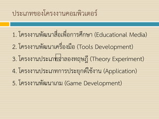 ประเภทของโครงงานคอมพิวเตอร์
1. โครงงานพัฒนาสื่อเพื่อการศึกษา (Educational Media)
2. โครงงานพัฒนาเครื่องมือ (Tools Development)
3. โครงงานประเภทจาลองทฤษฎี (Theory Experiment)
4. โครงงานประเภทการประยุกต์ใช้งาน (Application)
5. โครงงานพัฒนาเกม (Game Development)
 