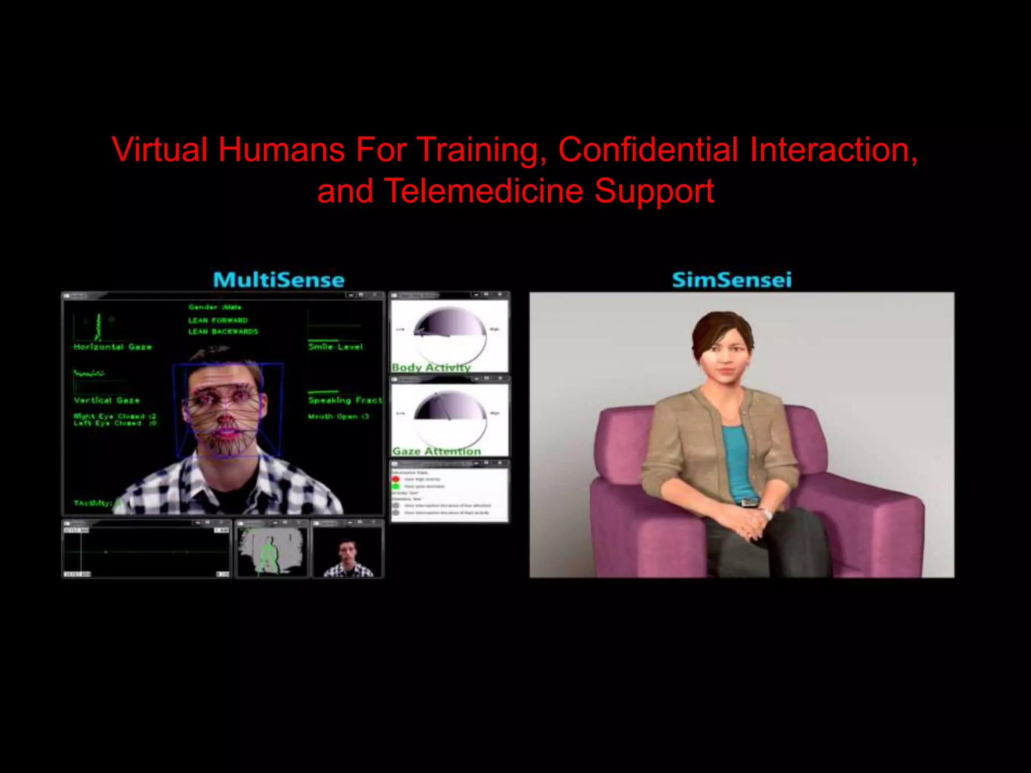 Virtual Humans For Training, Confidential Interaction,
and Telemedicine Support
 