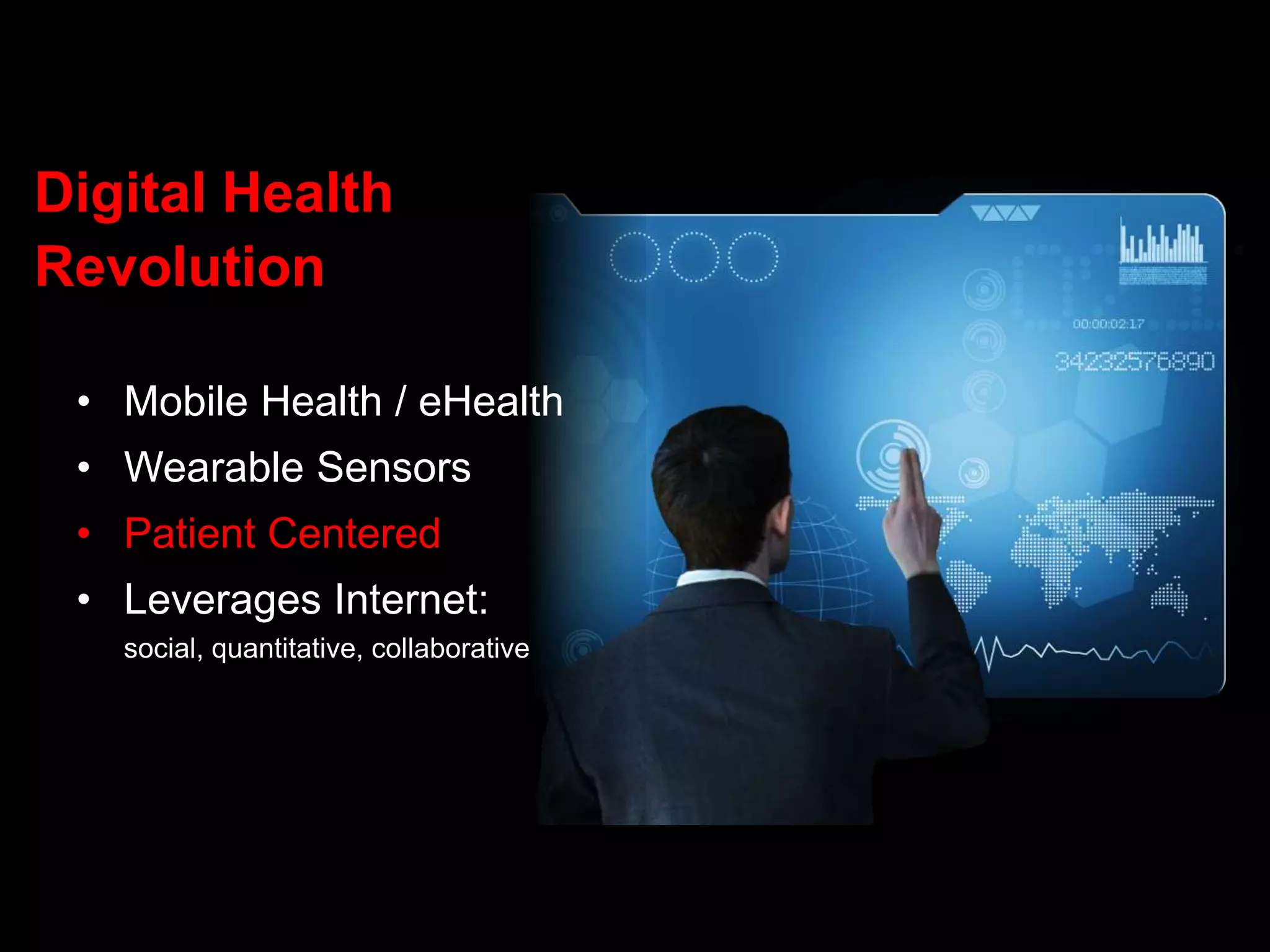 Digital Health
Revolution
• Mobile Health / eHealth
• Wearable Sensors
• Patient Centered
• Leverages Internet:
social, quantitative, collaborative
 