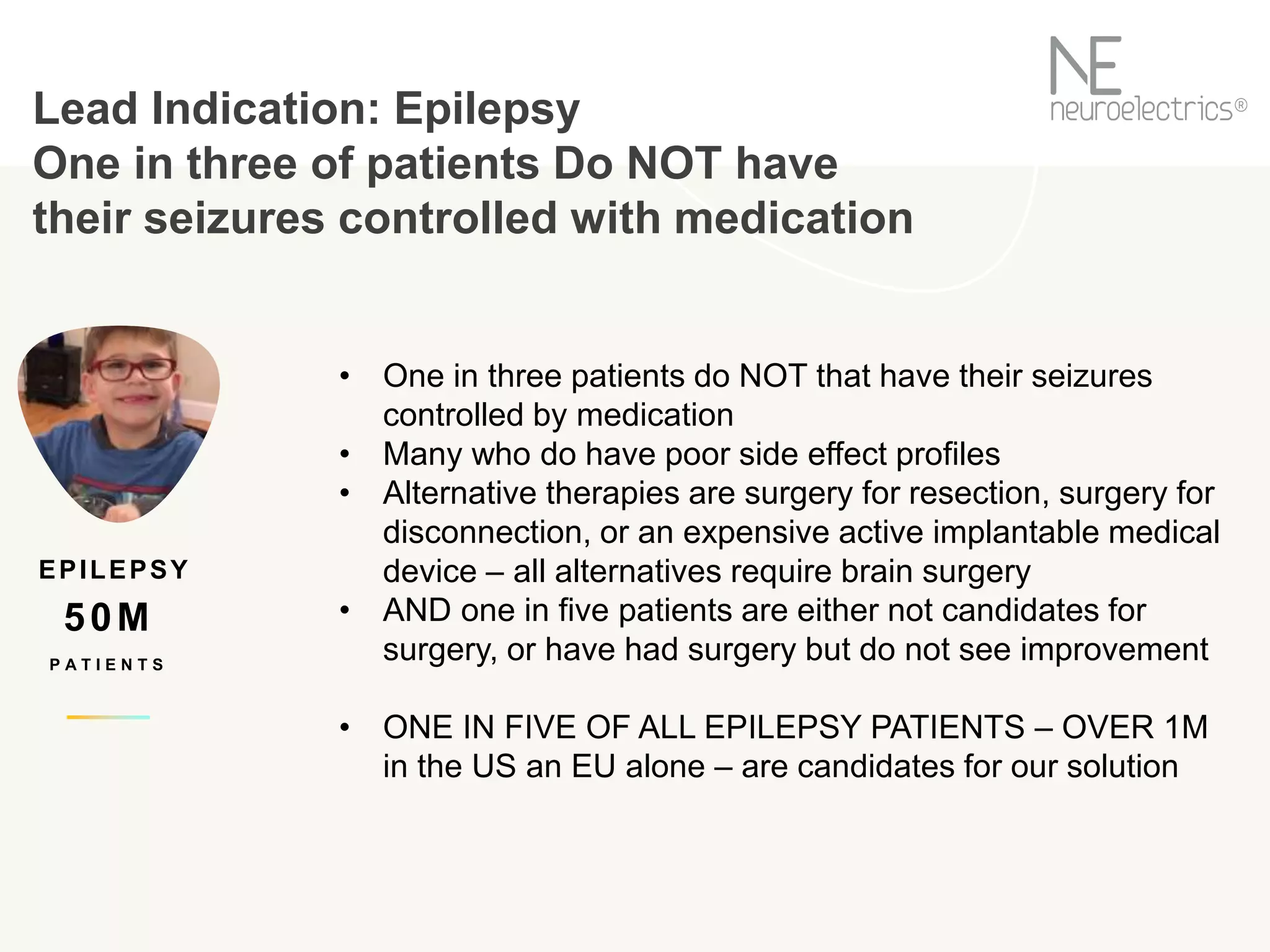 Lead Indication: Epilepsy
One in three of patients Do NOT have
their seizures controlled with medication
EPILEPSY
50M
P A T I E N T S
• One in three patients do NOT that have their seizures
controlled by medication
• Many who do have poor side effect profiles
• Alternative therapies are surgery for resection, surgery for
disconnection, or an expensive active implantable medical
device – all alternatives require brain surgery
• AND one in five patients are either not candidates for
surgery, or have had surgery but do not see improvement
• ONE IN FIVE OF ALL EPILEPSY PATIENTS – OVER 1M
in the US an EU alone – are candidates for our solution
 