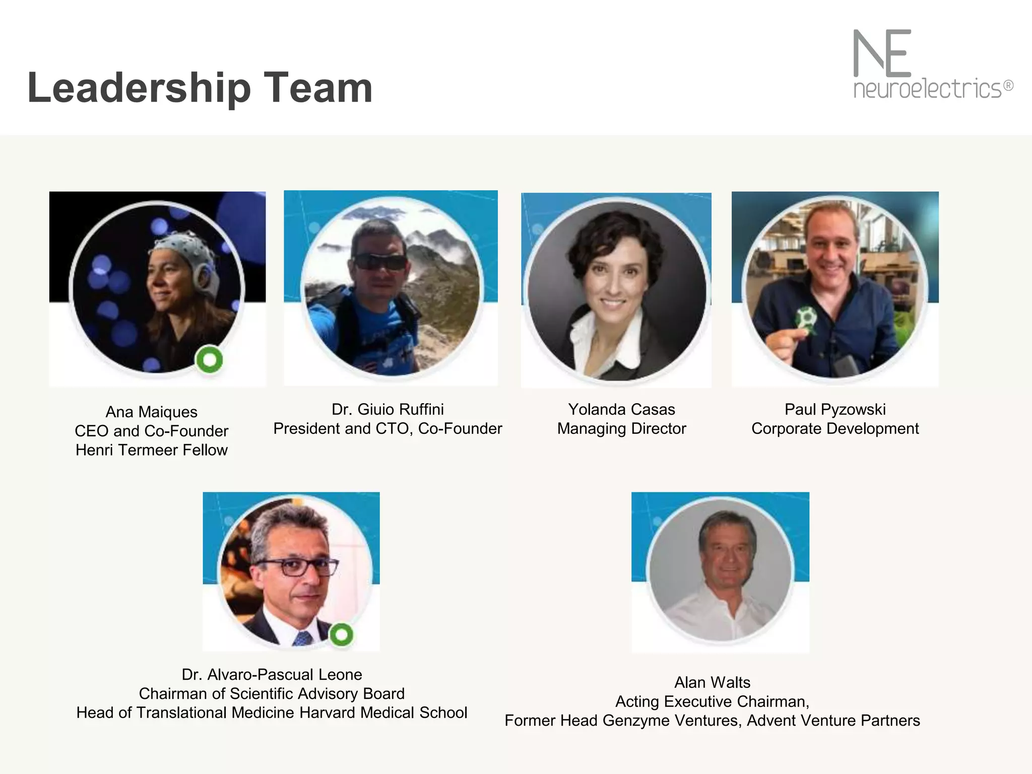 Dr. Alvaro-Pascual Leone
Chairman of Scientific Advisory Board
Head of Translational Medicine Harvard Medical School
Leadership Team
Alan Walts
Acting Executive Chairman,
Former Head Genzyme Ventures, Advent Venture Partners
Ana Maiques
CEO and Co-Founder
Henri Termeer Fellow
Dr. Giuio Ruffini
President and CTO, Co-Founder
Yolanda Casas
Managing Director
Paul Pyzowski
Corporate Development
 