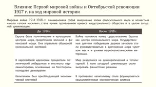 Влияние Первой мировой войны и Октябрьской революции
1917 г. на ход мировой истории
Мировая война 1914-1918 гг. ознаменовала собой завершение эпохи относительного мира и возвестила
начало «эпохи насилия», стала ярким проявлением кризиса индустриального общества и в целом запад-
ной цивилизации.
До 1914 г. После 1918 г.
Европа была политическим и культурным
центром мира, средоточием военной и фи-
нансовой мощи. Она управляла обширной
колониальной системой
Война положила конец существованию Европы
как центра колониального мира. Государствен-
ные деятели победивших держав зачастую ста-
ли руководствоваться в достижении мира чувст-
вом мести и узкими националистическими ин-
тересами
В европейской идеологии процветали по-
литический либерализм и институты пар-
ламентаризма, основанные на бесспорном
господстве демократии
Мир разделился на демократический и тотали-
тарный. В лоне западной цивилизации стали
вызревать фашистские режимы
Капитализм был преобладающей экономи-
ческой системой
В противовес капитализму стала формироваться
социалистическая экономическая система
 
