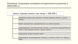 Основные тенденции всемирно-исторического развития в
1918-1945 гг.
Главные тенденции развития стран Запада в 1918-1945 гг.
утверждение фашистских режимов в Италии, Германии, Японии и других
странах
борьба прогрессивных демократических сил против фашизма
реформирование капиталистической системы и укрепление демократического
строя в США, Франции, Англии и других странах
развязывание Второй мировой войны
формирование антигитлеровской коалиции (с участием СССР) и её победа в
войне
 