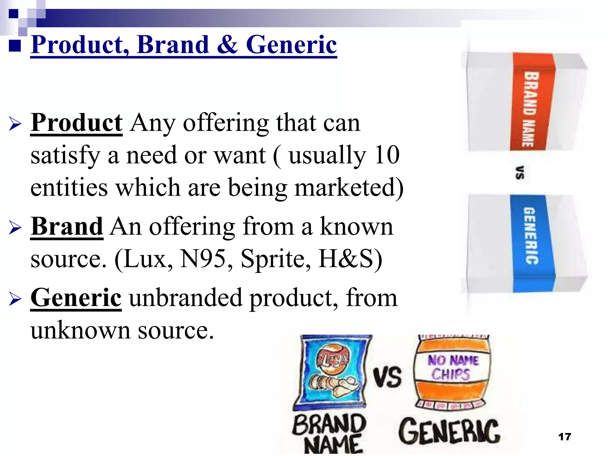 17
 Product, Brand & Generic
 Product Any offering that can
satisfy a need or want ( usually 10
entities which are being marketed)
 Brand An offering from a known
source. (Lux, N95, Sprite, H&S)
 Generic unbranded product, from
unknown source.
 