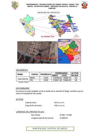 “MEJORAMIENTO Y REHABILITACIÓN DEL CAMINO VECINAL LAREDO – SAN
CARLOS - DISTRITO DE LAREDO - PROVINCIA DE TRUJILLO – REGIÓN LA
LIBERTAD”
UBICACIÓN DEL PROYECTO
GEOGRÁFICA
TRAMO PUNTOS PROGRESIVA
COORDENADAS ALTITUD
NORTE ESTE M.S.N.M.
SAN CARLOS
INICIO 0+000 9106589.83 726860.76 145
FIN 0+920 9106811.58 725990.06 148
Fuente: Propia
ACCESIBILIDAD
El acceso al centro poblado se da a través de la avenida El Ángel carretera que se
ubica en la población de Laredo.
ALTITUD
Cota de inicio: 145 m.s.n.m.
Cota de fin de tramo: 148 m.s.n.m.
LONGITUD DEL PROYECTO (km)
San Carlos 0+000 – 0+920
Longitud total de los tramos: 0+920 km
 