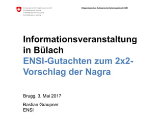 Eidgenössisches Nuklearsicherheitsinspektorat ENSI
ENSI
Informationsveranstaltung
in Bülach
ENSI-Gutachten zum 2x2-
Vorschlag der Nagra
Brugg, 3. Mai 2017
Bastian Graupner
 