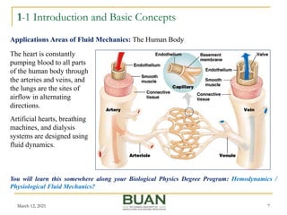 1-1 Introduction and Basic Concepts
March 12, 2021 7
The heart is constantly
pumping blood to all parts
of the human body through
the arteries and veins, and
the lungs are the sites of
airflow in alternating
directions.
Artificial hearts, breathing
machines, and dialysis
systems are designed using
fluid dynamics.
Applications Areas of Fluid Mechanics: The Human Body
You will learn this somewhere along your Biological Physics Degree Program: Hemodynamics /
Physiological Fluid Mechanics?
 