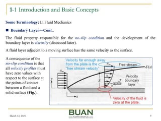 1-1 Introduction and Basic Concepts
March 12, 2021 9
 Boundary Layer—Cont..
The fluid property responsible for the no-slip condition and the development of the
boundary layer is viscosity (discussed later).
A fluid layer adjacent to a moving surface has the same velocity as the surface.
Some Terminology: In Fluid Mechanics
A consequence of the
no-slip condition is that
all velocity profiles must
have zero values with
respect to the surface at
the points of contact
between a fluid and a
solid surface (Fig.).
 