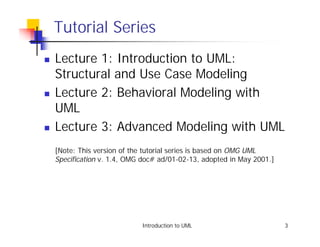 Tutorial Series
!   Lecture 1: Introduction to UML:
    Structural and Use Case Modeling
!   Lecture 2: Behavioral Modeling with
    UML
!   Lecture 3: Advanced Modeling with UML
    [Note: This version of the tutorial series is based on OMG UML
    Specification v. 1.4, OMG doc# ad/01-02-13, adopted in May 2001.]




                             Introduction to UML                        3
 