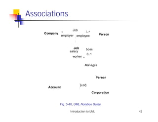 Associations
                    Job     1..∗
     Company ∗
             employer employee                 Person



                        Job        boss
                     salary
                                       0..1
                       worker ∗

                                  Manages



                                              Person

                              {X or}
       Account
                                          Corporation


              Fig. 3-40, UML Notation Guide

                     Introduction to UML                42
 