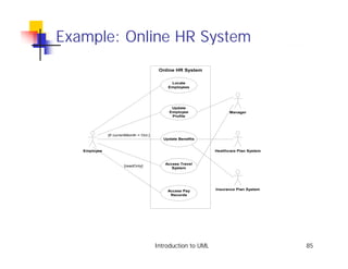 Example: Online HR System
                                          Online HR System

                                               Locate
                                              Employees




                                               Update
                                              Employee                Manager
                                               Profile




              {if currentMonth = Oct.}
                                            Update Benefits


   Employee                                                    Healthcare Plan System


                                            Access Travel
                       {readOnly}
                                               System




                                              Access Pay       Insurance Plan System
                                               Records




                                         Introduction to UML                            85
 