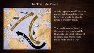 The Triangle Trade
A ship captain would have to
make just 3 complete trips
before he would be able to
retire a wealthy man.
The conditions on board a
slave ship were so horrible
that only the most callous of
captains and crews could
make more than 1 trip.
 