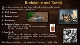 Resistance and Revolt
Slaves did sometimes resist their living and work conditions and treatment.
The most common resistance methods were:
1. Work slowdown
1. Breaking of tools
1. Running away
1. Poisoning of owners or overseers
This could have extremely adverse repercussions!
Myrtles Plantation - 1817
5. Open Revolt
99% of slave revolts failed and resulted in harsher treatment
and more restrictions placed on all surviving slaves afterwards.
Nat Turner Revolt – 1831
The only successful slave revolt was in Saint Dominique ( Haiti ) - 1791
 