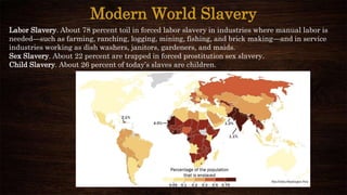 Modern World Slavery
Labor Slavery. About 78 percent toil in forced labor slavery in industries where manual labor is
needed—such as farming, ranching, logging, mining, fishing, and brick making—and in service
industries working as dish washers, janitors, gardeners, and maids.
Sex Slavery. About 22 percent are trapped in forced prostitution sex slavery.
Child Slavery. About 26 percent of today’s slaves are children.
 