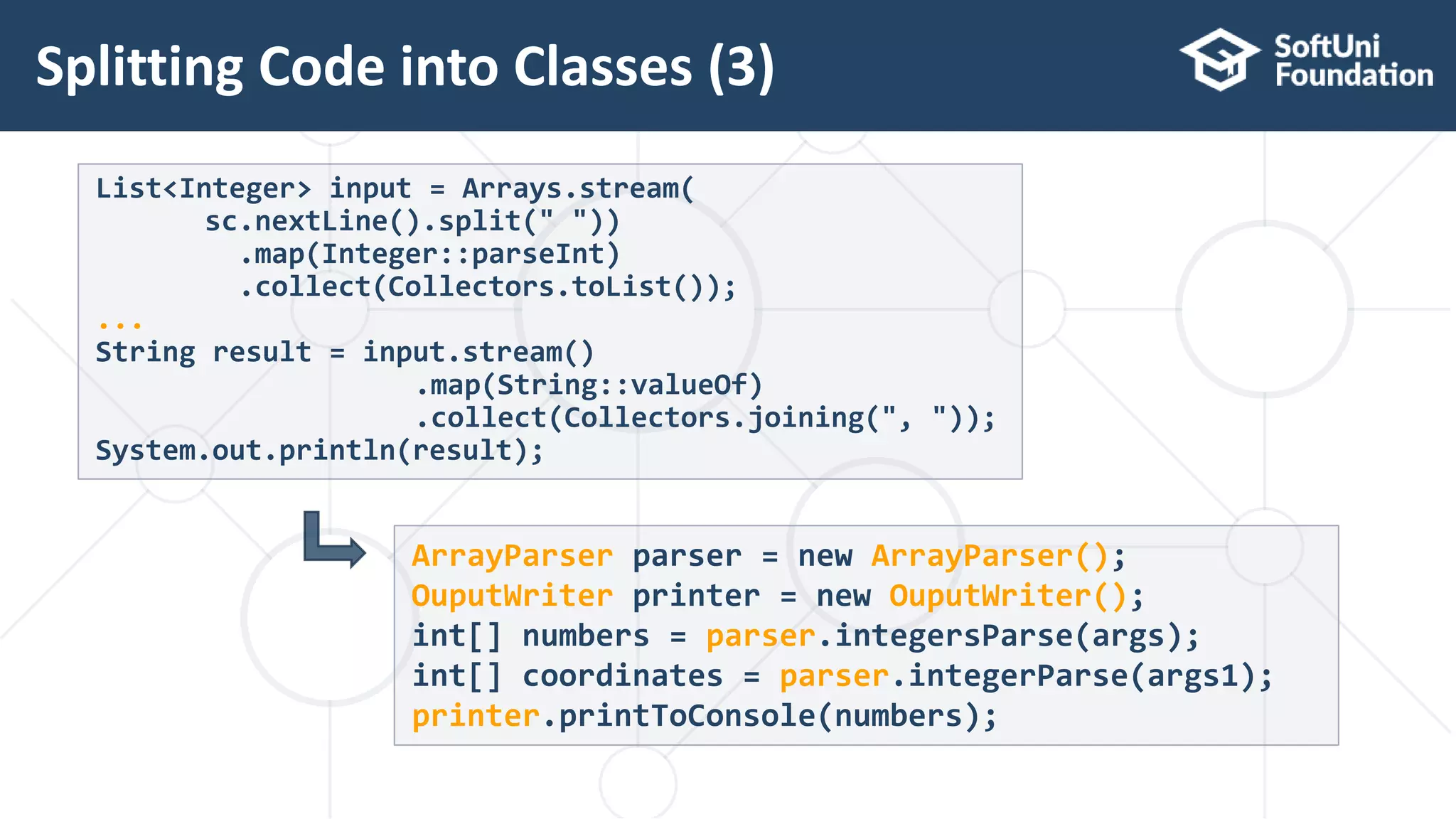 Splitting Code into Classes (3) 13 List<Integer> input = Arrays.stream( sc.nextLine().split(" ")) .map(Integer::parseInt) .collect(Collectors.toList()); ... String result = input.stream() .map(String::valueOf) .collect(Collectors.joining(", ")); System.out.println(result); ArrayParser parser = new ArrayParser(); OuputWriter printer = new OuputWriter(); int[] numbers = parser.integersParse(args); int[] coordinates = parser.integerParse(args1); printer.printToConsole(numbers); 