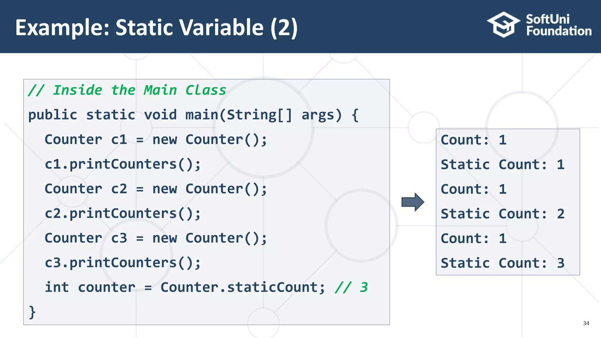 Example: Static Variable (2) 34 // Inside the Main Class public static void main(String[] args) { Counter c1 = new Counter(); c1.printCounters(); Counter c2 = new Counter(); c2.printCounters(); Counter c3 = new Counter(); c3.printCounters(); int counter = Counter.staticCount; // 3 } Count: 1 Static Count: 1 Count: 1 Static Count: 2 Count: 1 Static Count: 3 