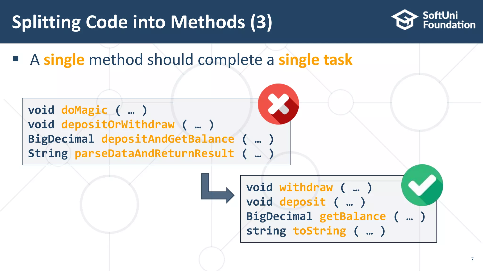  A single method should complete a single task void withdraw ( … ) void deposit ( … ) BigDecimal getBalance ( … ) string toString ( … ) Splitting Code into Methods (3) 7 void doMagic ( … ) void depositOrWithdraw ( … ) BigDecimal depositAndGetBalance ( … ) String parseDataAndReturnResult ( … ) 