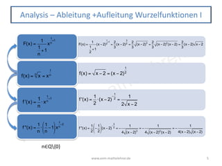 www.vom-mathelehrer.de
www.vom-mathelehrer.de 5
Analysis – Ableitung +Aufleitung Wurzelfunktionen I
f(x) = xn
= x
1
n
f '(x) =
1
n
⋅ x
1
n
−1
f ''(x) =
1
n
⋅
1
n
−1
⎛
⎝
⎜
⎞
⎠
⎟x
1
n
−2
F(x) =
1
1
n
+1
x
1
n
+1
f(x) = x − 2 = (x − 2)
1
2
f '(x) =
1
2
⋅(x − 2)
−
1
2 =
1
2 x − 2
f ''(x) =
1
2
−
1
2
⎛
⎝
⎜
⎞
⎠
⎟(x − 2)
−
3
2 = −
1
4 (x − 2)3
= −
1
4 (x − 2)2
(x − 2)
= −
1
4(x − 2) (x − 2)
F(x) =
1
1
2
+1
(x − 2)
1
2
+1
=
2
3
(x − 2)
3
2 =
2
3
(x − 2)3
=
2
3
(x − 2)2
(x − 2) =
2
3
(x − 2) x − 2
n∈Q{0}
 