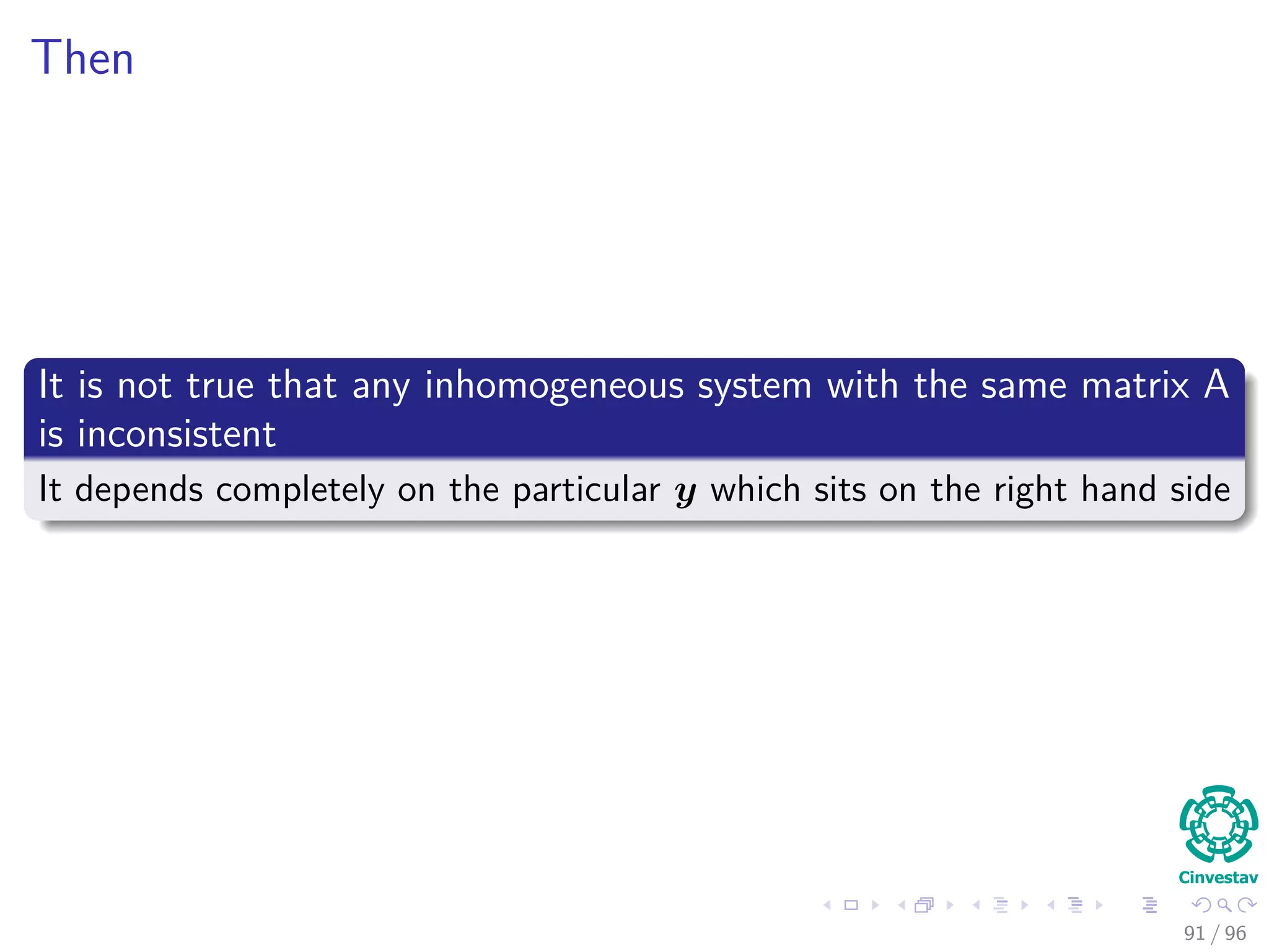 Then
It is not true that any inhomogeneous system with the same matrix A
is inconsistent
It depends completely on the particular y which sits on the right hand side
91 / 96
 