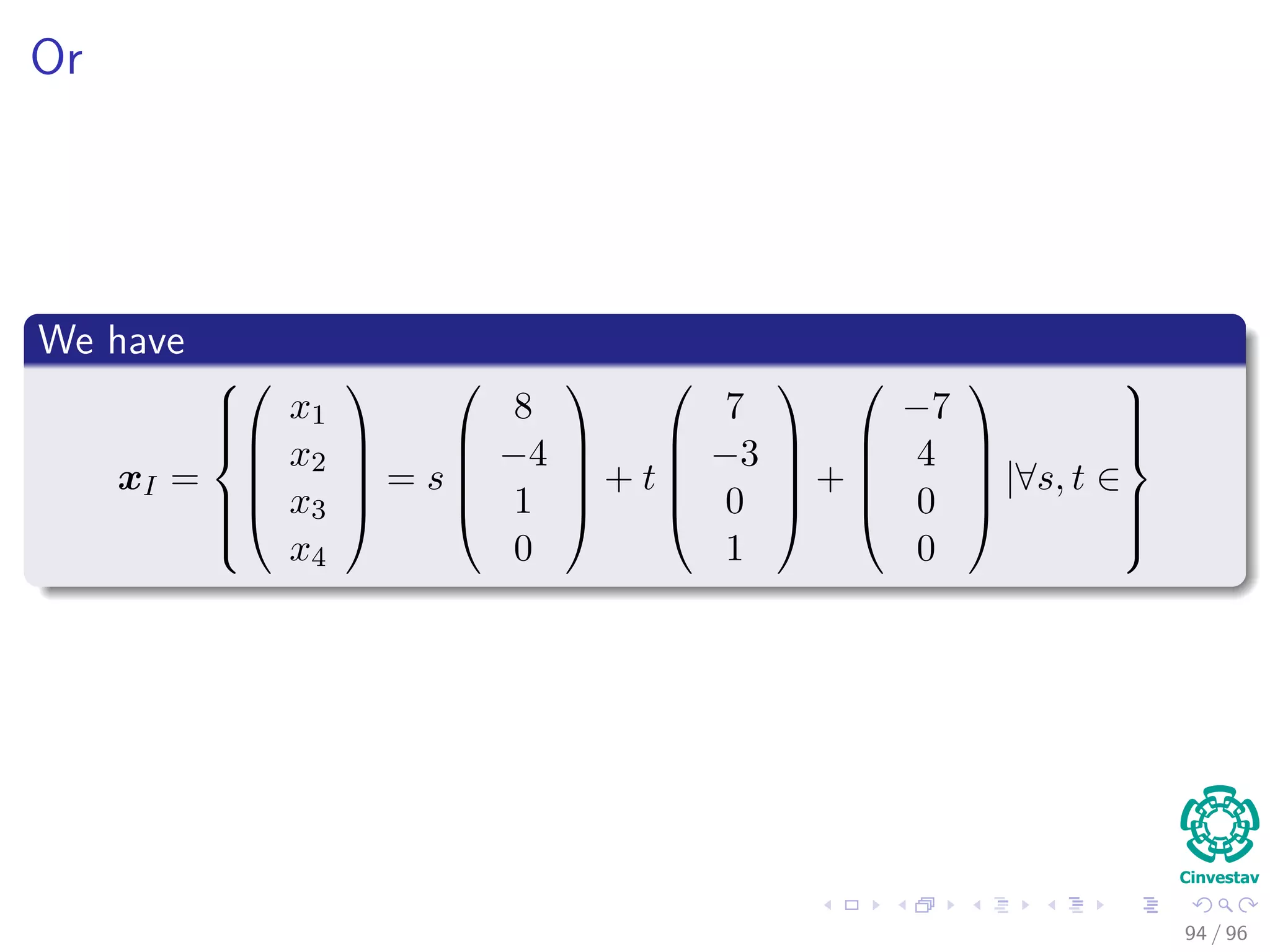 Or
We have
xI =








x1
x2
x3
x4





= s





8
−4
1
0





+ t





7
−3
0
1





+





−7
4
0
0





|∀s, t ∈



94 / 96
 