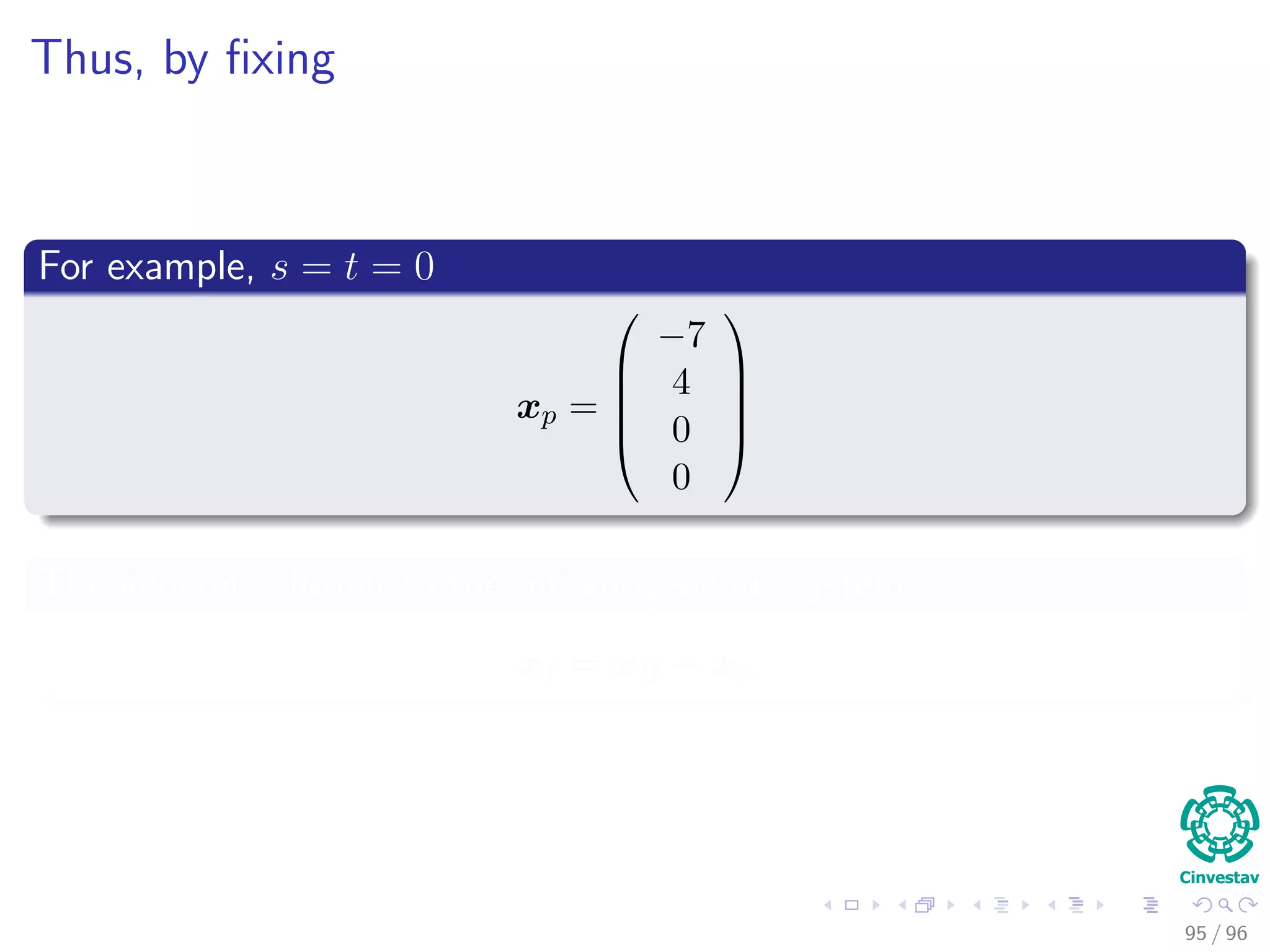 Thus, by ﬁxing
For example, s = t = 0
xp =





−7
4
0
0





The general solution to the inhomogeneous system
xI = xH + xp
95 / 96
 