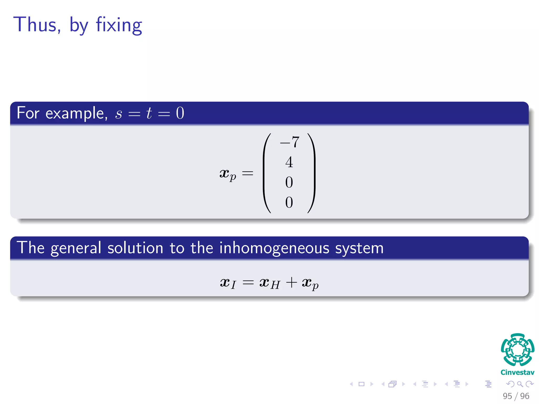 Thus, by ﬁxing
For example, s = t = 0
xp =





−7
4
0
0





The general solution to the inhomogeneous system
xI = xH + xp
95 / 96
 