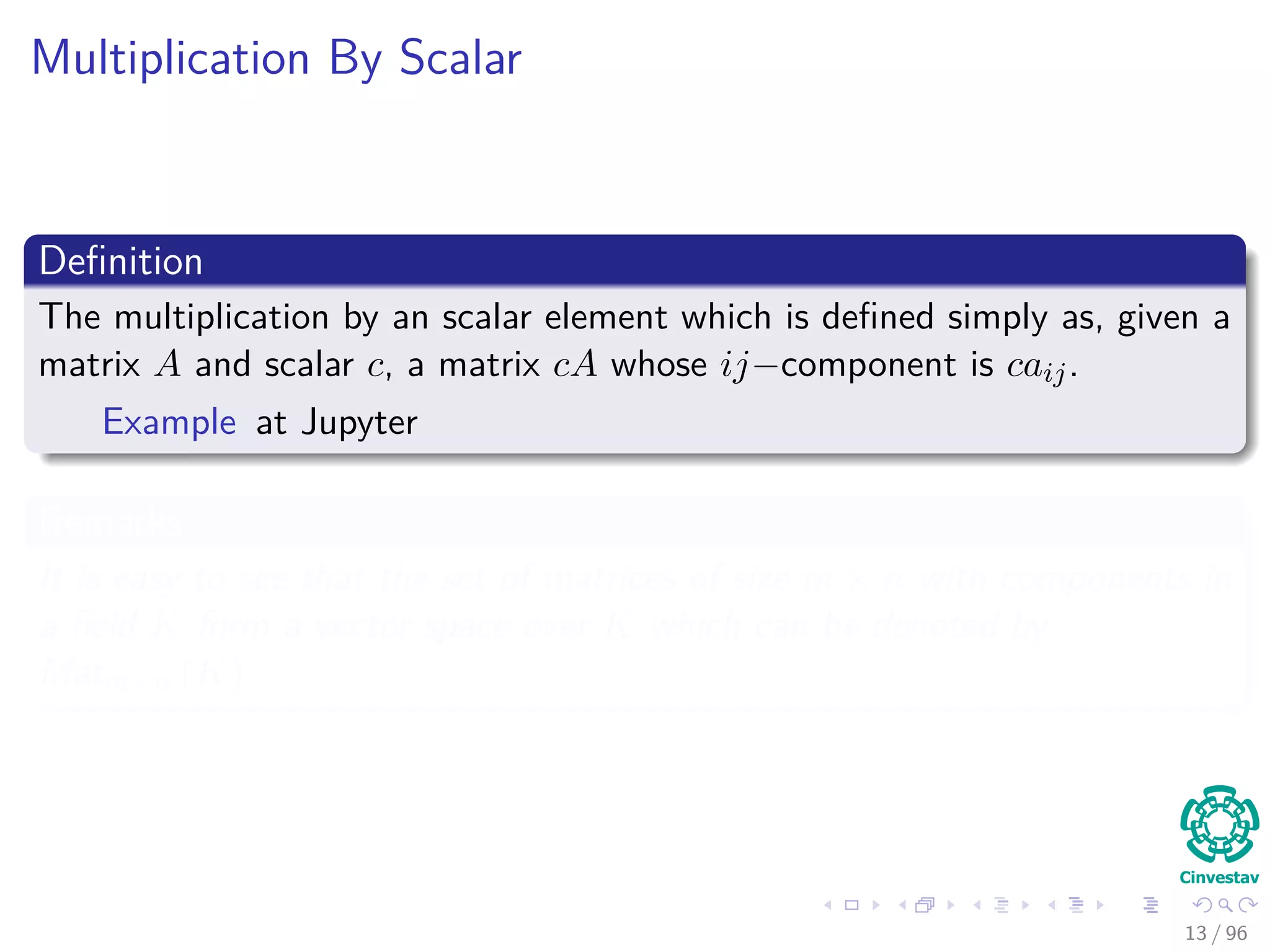 Multiplication By Scalar
Deﬁnition
The multiplication by an scalar element which is deﬁned simply as, given a
matrix A and scalar c, a matrix cA whose ij−component is caij.
Example at Jupyter
Remarks
It is easy to see that the set of matrices of size m × n with components in
a ﬁeld K form a vector space over K which can be denoted by
Matm×n (K).
13 / 96
 