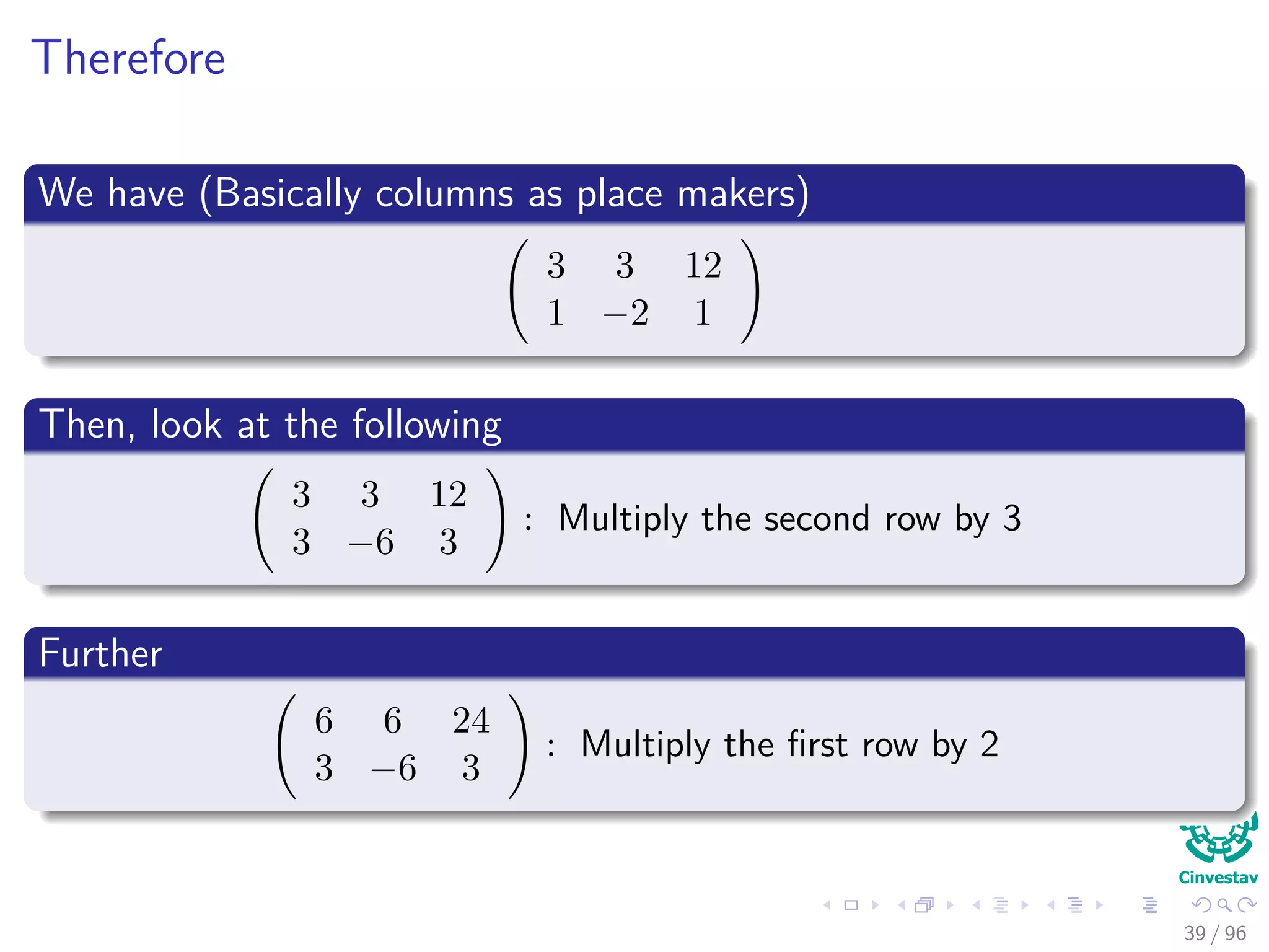 Therefore
We have (Basically columns as place makers)
3 3 12
1 −2 1
Then, look at the following
3 3 12
3 −6 3
: Multiply the second row by 3
Further
6 6 24
3 −6 3
: Multiply the ﬁrst row by 2
39 / 96
 