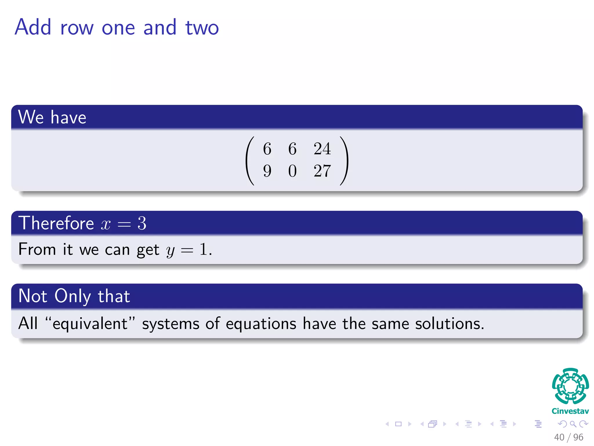 Add row one and two
We have
6 6 24
9 0 27
Therefore x = 3
From it we can get y = 1.
Not Only that
All “equivalent” systems of equations have the same solutions.
40 / 96
 