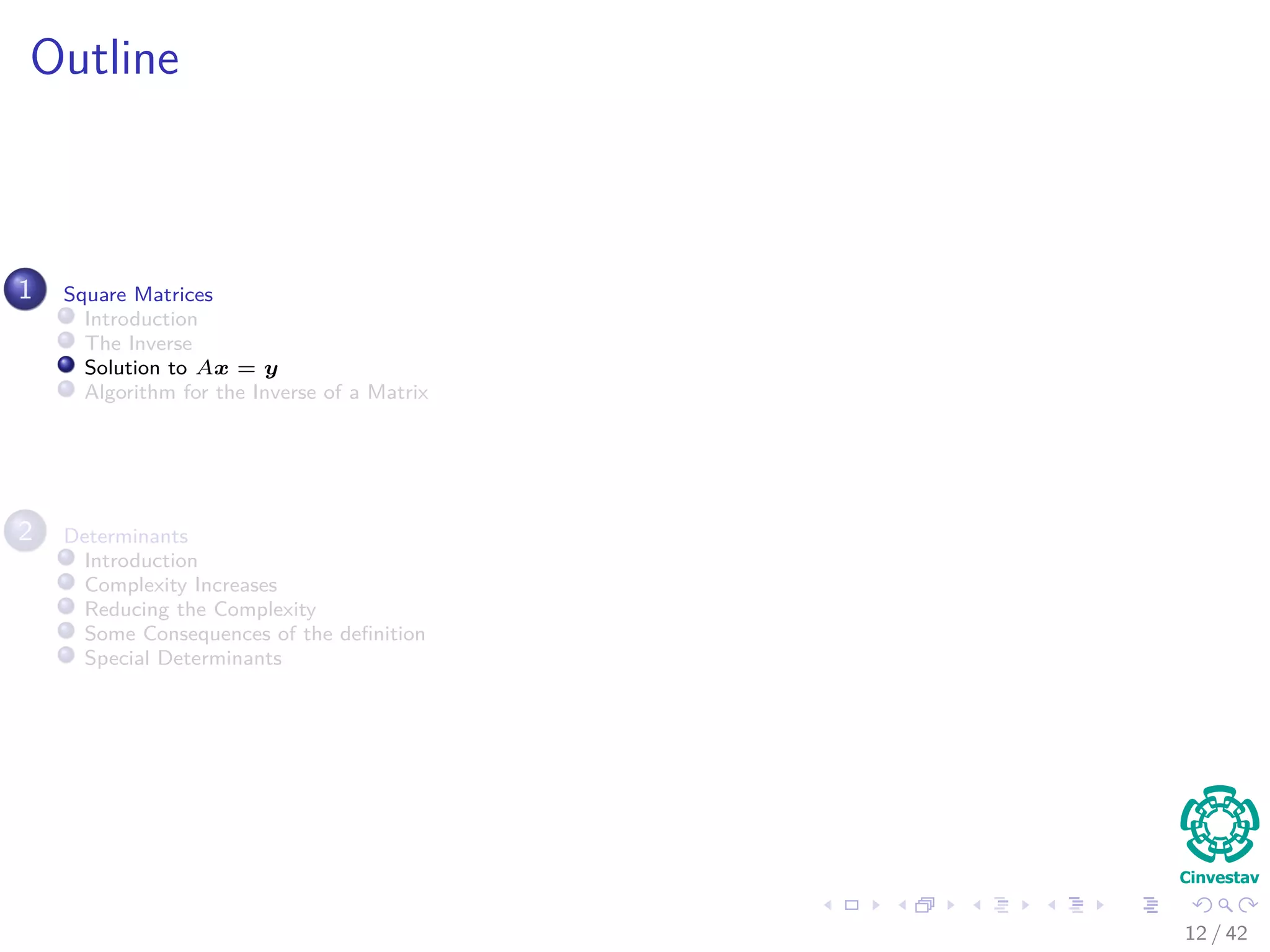 Outline
1 Square Matrices
Introduction
The Inverse
Solution to Ax = y
Algorithm for the Inverse of a Matrix
2 Determinants
Introduction
Complexity Increases
Reducing the Complexity
Some Consequences of the deﬁnition
Special Determinants
12 / 42
 