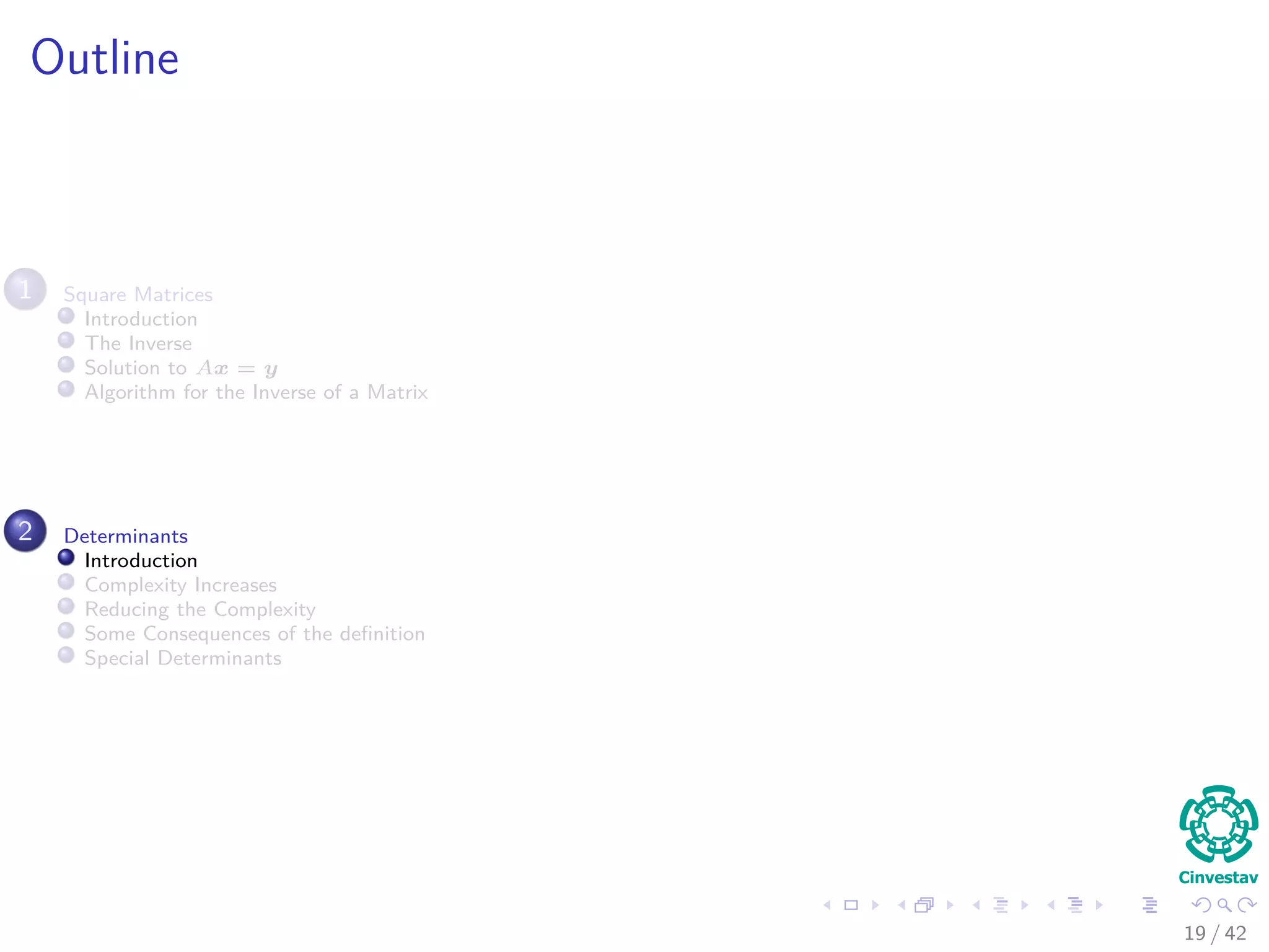 Outline
1 Square Matrices
Introduction
The Inverse
Solution to Ax = y
Algorithm for the Inverse of a Matrix
2 Determinants
Introduction
Complexity Increases
Reducing the Complexity
Some Consequences of the deﬁnition
Special Determinants
19 / 42
 