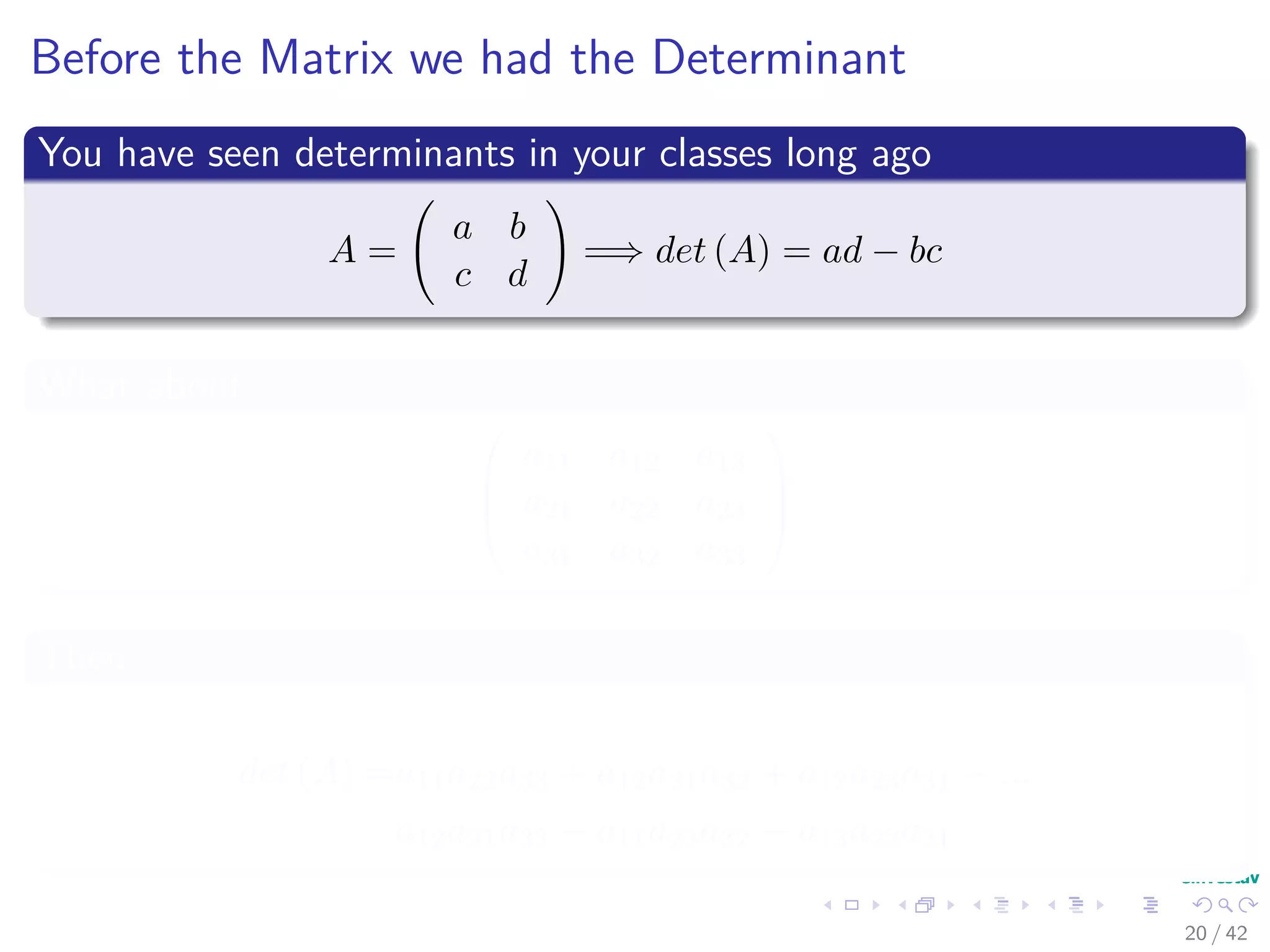 Before the Matrix we had the Determinant
You have seen determinants in your classes long ago
A =
a b
c d
=⇒ det (A) = ad − bc
What about



a11 a12 a13
a21 a22 a23
a31 a32 a33



Then
det (A) =a11a22a33 + a12a21a32 + a12a23a31 − ...
a12a21a33 − a11a23a32 − a13a22a31
20 / 42
 