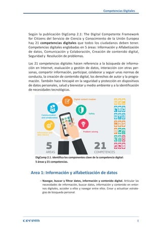 Competencias Digitales
8
Según la publicación DigComp 2.1: The Digital Competente Framework
for Citizens del Servicio de Ciencia y Conocimiento de la Unión Europea
hay 21 competencias digitales que todos los ciudadanos deben tener.
Competencias digitales englobadas en 5 áreas: Información y Alfabetización
de datos, Comunicación y Colaboración, Creación de contenido digital,
Seguridad y Resolución de problemas.
Las 21 competencias digitales hacen referencia a la búsqueda de informa-
ción en Internet, evaluación y gestión de datos, interacción con otras per-
sonas, compartir información, participar, colaborar y seguir unas normas de
conducta, la creación de contenido digital, los derechos de autor y la progra-
mación. También hace hincapié en la seguridad y protección en dispositivos
de datos personales, salud y bienestar y medio ambiente y a la identificación
de necesidades tecnológicas.
DigComp 2.1. identifica los componentes clave de la competencia digital:
5 áreas y 21 competencias.
Area 1: Información y alfabetización de datos
ശശ Navegar, buscar y filtrar datos, información y contenido digital. Articular las
necesidades de información, buscar datos, información y contenido en entor-
nos digitales, acceder a ellos y navegar entre ellos. Crear y actualizar estrate-
gias de búsqueda personal.
 