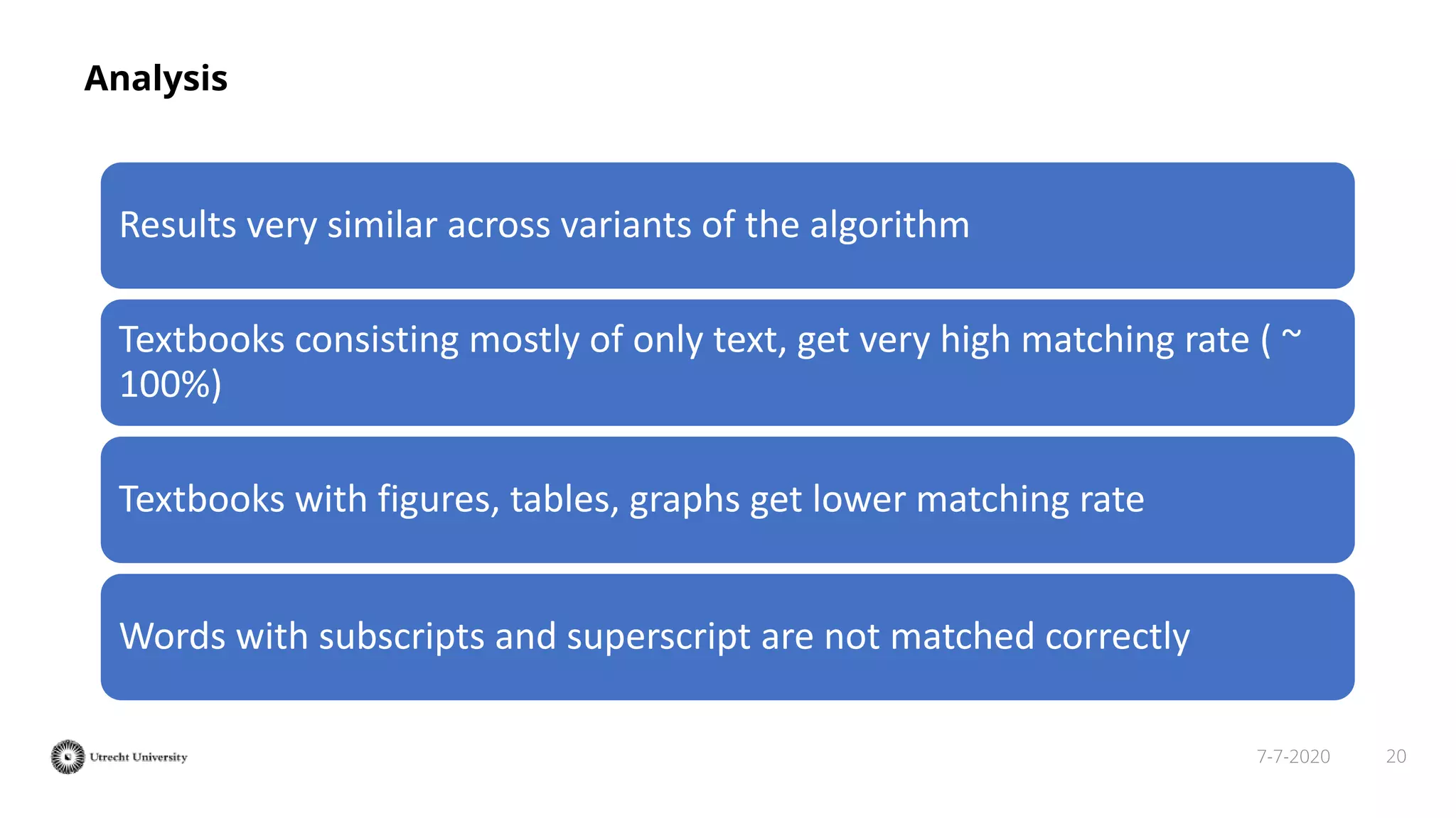 207-7-2020
Analysis
Results very similar across variants of the algorithm
Textbooks consisting mostly of only text, get very high matching rate ( ~
100%)
Textbooks with figures, tables, graphs get lower matching rate
Words with subscripts and superscript are not matched correctly
 