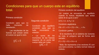 Condiciones para que un cuerpo este en equilibrio
total.
Primera condición
Condición para que no
halla momento de
translación.
Las resultantes de las
fuerzas que actúan sobre
el cuerpo es igual a cero.
∑𝐹2 = 0
Segunda condición
Condición del equilibrio
condición para que no
halla movimiento de
rotación.
• La suma de los
momentos de las fuerzas
respecto de un punto del
cuerpo debe ser nulas.
∑𝑀2 = 0
Primera condición del equilibrio:
Un cuerpo se encuentra en equilibrio
cuando la fuerza resultante que actúa
sobre él es igual a cero”
S Fx = 0 ; S Fy = 0
Condición algebraica.
FR = F1 + F2 + F3 + F4..... + Fn
Condición gráfica.
Si la resultante de un sistema de vectores
es nula, el polígono que se forma será
cerrado.
F1 + F2 + F3 + F4 = 0
Nota. Se representa a los vectores (F) con
una barra encima. La letra normal indica el
módulo.
 