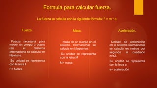 Formula para calcular fuerza.
La fuerza se calcula con la siguiente fórmula: F = m • a.
Fuerza.
Fuerza necesaria para
mover un cuerpo u objeto
(en el Sistema
Internacional se calcula en
Newton).
Su unidad se representa
con la letra F
F= fuerza
Masa.
masa de un cuerpo en el
sistema Internacional se
calcula en kilogramos
Su unidad se representa
con la letra M
M= masa
Aceleración.
Unidad de aceleración
en el sistema Internacional
se calcula en metros por
segundo al cuadrado
m/s2.
Su unidad se representa
con la letra a
a= aceleración
 