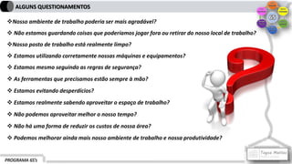 PROGRAMA 6S’s
ALGUNS QUESTIONAMENTOS
Nosso ambiente de trabalho poderia ser mais agradável?
 Não estamos guardando coisas que poderíamos jogar fora ou retirar do nosso local de trabalho?
Nosso posto de trabalho está realmente limpo?
 Estamos utilizando corretamente nossas máquinas e equipamentos?
 Estamos mesmo seguindo as regras de segurança?
 As ferramentas que precisamos estão sempre à mão?
 Estamos evitando desperdícios?
 Estamos realmente sabendo aproveitar o espaço de trabalho?
 Não podemos aproveitar melhor o nosso tempo?
 Não há uma forma de reduzir os custos de nossa área?
 Podemos melhorar ainda mais nosso ambiente de trabalho e nossa produtividade?
 
