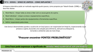 PROGRAMA 6S’s
3º S – SEISOU – SENSO DE LIMPEZA – COMO IMPLANTAR ?
Uma frase pode expressar o significado do SEISOU: NÃO SUJAR DEVE SER UM HÁBITO.
1. Nível Macro – limpar todas as áreas e lidar com as causas gerais da sujeira;
2. Nível Individual – Limpar as áreas e equipamentos específicos;
3. Nível Micro – Limpar partes dos equipamentos e ferramentas específicas.
4. Definir responsáveis pelas áreas.
A limpeza sistemática pode ser realizada seguindo quatro passos, como proposto por Takashi Osada (1998), e
descritos abaixo:
Este Senso é desenvolvido quando o usuário de um local passa a ser responsável em limpá-lo, inspecionando o que
provoca a sujeira, buscando uma solução para eliminá-la, atenuá-la ou bloqueá-la,
tornando o ambiente cada vez mais limpo.
“Procurar encontrar PONTOS PROBLEMÁTICOS”
 