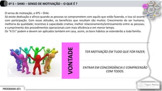 PROGRAMA 6S’s
6º S – SHIKI – SENSO DE MOTIVAÇÃO – O QUE É ?
O senso de motivação, o 6ºS – Shiki.
Só existe dedicação e afinco quando as pessoas se comprometem com aquilo que estão fazendo, e isso só ocorre
com participação. Com essas atitudes, os benefícios que resultam são muitos: Crescimento do ser humano;
melhoria da qualidade; incentivo à capacidade criativa; melhor relacionamento/entrosamento entre as pessoas;
e cumprimento dos procedimentos operacionais com mais eficiência e em menor tempo.
Os “6 S’s” podem e devem ser aplicados também em casa, assim, os bons hábitos se estenderão a toda família.
VONTADE
TER MOTIVAÇÃO EM TUDO QUE FOR FAZER;
ENTRAR EM CONCORDÂNCIA E COMPREENSÃO
COM TODOS.
 