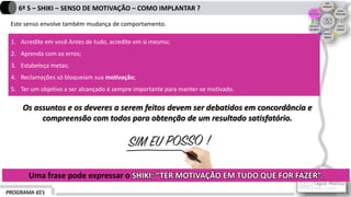 PROGRAMA 6S’s
6º S – SHIKI – SENSO DE MOTIVAÇÃO – COMO IMPLANTAR ?
Este senso envolve também mudança de comportamento.
Uma frase pode expressar o SHIKI: “TER MOTIVAÇÃO EM TUDO QUE FOR FAZER”.
1. Acredite em você Antes de tudo, acredite em si mesmo;
2. Aprenda com os erros;
3. Estabeleça metas;
4. Reclamações só bloqueiam sua motivação;
5. Ter um objetivo a ser alcançado é sempre importante para manter-se motivado.
Os assuntos e os deveres a serem feitos devem ser debatidos em concordância e
compreensão com todos para obtenção de um resultado satisfatório.
 