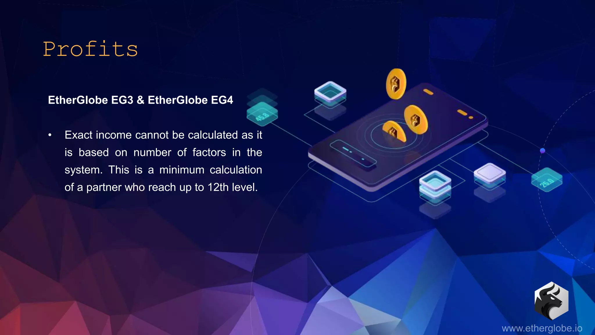 Profits
EtherGlobe EG3 & EtherGlobe EG4
• Exact income cannot be calculated as it
is based on number of factors in the
system. This is a minimum calculation
of a partner who reach up to 12th level.
 