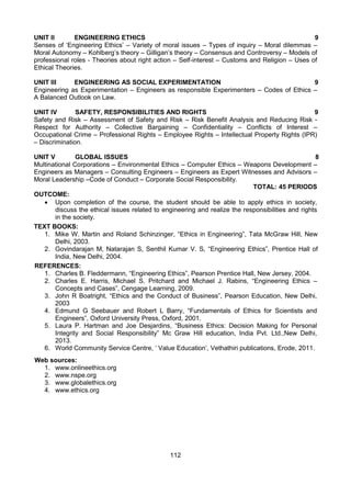 112
UNIT II ENGINEERING ETHICS 9
Senses of ‘Engineering Ethics’ – Variety of moral issues – Types of inquiry – Moral dilemmas –
Moral Autonomy – Kohlberg’s theory – Gilligan’s theory – Consensus and Controversy – Models of
professional roles - Theories about right action – Self-interest – Customs and Religion – Uses of
Ethical Theories.
UNIT III ENGINEERING AS SOCIAL EXPERIMENTATION 9
Engineering as Experimentation – Engineers as responsible Experimenters – Codes of Ethics –
A Balanced Outlook on Law.
UNIT IV SAFETY, RESPONSIBILITIES AND RIGHTS 9
Safety and Risk – Assessment of Safety and Risk – Risk Benefit Analysis and Reducing Risk -
Respect for Authority – Collective Bargaining – Confidentiality – Conflicts of Interest –
Occupational Crime – Professional Rights – Employee Rights – Intellectual Property Rights (IPR)
– Discrimination.
UNIT V GLOBAL ISSUES 8
Multinational Corporations – Environmental Ethics – Computer Ethics – Weapons Development –
Engineers as Managers – Consulting Engineers – Engineers as Expert Witnesses and Advisors –
Moral Leadership –Code of Conduct – Corporate Social Responsibility.
TOTAL: 45 PERIODS
OUTCOME:
 Upon completion of the course, the student should be able to apply ethics in society,
discuss the ethical issues related to engineering and realize the responsibilities and rights
in the society.
TEXT BOOKS:
1. Mike W. Martin and Roland Schinzinger, “Ethics in Engineering”, Tata McGraw Hill, New
Delhi, 2003.
2. Govindarajan M, Natarajan S, Senthil Kumar V. S, “Engineering Ethics”, Prentice Hall of
India, New Delhi, 2004.
REFERENCES:
1. Charles B. Fleddermann, “Engineering Ethics”, Pearson Prentice Hall, New Jersey, 2004.
2. Charles E. Harris, Michael S. Pritchard and Michael J. Rabins, “Engineering Ethics –
Concepts and Cases”, Cengage Learning, 2009.
3. John R Boatright, “Ethics and the Conduct of Business”, Pearson Education, New Delhi,
2003
4. Edmund G Seebauer and Robert L Barry, “Fundamentals of Ethics for Scientists and
Engineers”, Oxford University Press, Oxford, 2001.
5. Laura P. Hartman and Joe Desjardins, “Business Ethics: Decision Making for Personal
Integrity and Social Responsibility” Mc Graw Hill education, India Pvt. Ltd.,New Delhi,
2013.
6. World Community Service Centre, ‘ Value Education’, Vethathiri publications, Erode, 2011.
Web sources:
1. www.onlineethics.org
2. www.nspe.org
3. www.globalethics.org
4. www.ethics.org
 