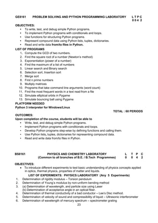 23
GE8161 PROBLEM SOLVING AND PYTHON PROGRAMMING LABORATORY L T P C
0 0 4 2
OBJECTIVES:
• To write, test, and debug simple Python programs.
• To implement Python programs with conditionals and loops.
• Use functions for structuring Python programs.
• Represent compound data using Python lists, tuples, dictionaries.
• Read and write data from/to files in Python.
LIST OF PROGRAMS
1. Compute the GCD of two numbers.
2. Find the square root of a number (Newton’s method)
3. Exponentiation (power of a number)
4. Find the maximum of a list of numbers
5. Linear search and Binary search
6. Selection sort, Insertion sort
7. Merge sort
8. First n prime numbers
9. Multiply matrices
10. Programs that take command line arguments (word count)
11. Find the most frequent words in a text read from a file
12. Simulate elliptical orbits in Pygame
13. Simulate bouncing ball using Pygame
PLATFORM NEEDED
Python 3 interpreter for Windows/Linux
TOTAL : 60 PERIODS
OUTCOMES:
Upon completion of the course, students will be able to
• Write, test, and debug simple Python programs.
• Implement Python programs with conditionals and loops.
• Develop Python programs step-wise by defining functions and calling them.
• Use Python lists, tuples, dictionaries for representing compound data.
• Read and write data from/to files in Python.
BS8161 PHYSICS AND CHEMISTRY LABORATORY
(Common to all branches of B.E. / B.Tech Programmes)
L T P C
0 0 4 2
OBJECTIVES:
 To introduce different experiments to test basic understanding of physics concepts applied
in optics, thermal physics, properties of matter and liquids.
LIST OF EXPERIMENTS: PHYSICS LABORATORY (Any 5 Experiments)
1. Determination of rigidity modulus – Torsion pendulum
2. Determination of Young’s modulus by non-uniform bending method
3. (a) Determination of wavelength, and particle size using Laser
(b) Determination of acceptance angle in an optical fiber.
4. Determination of thermal conductivity of a bad conductor – Lee’s Disc method.
5. Determination of velocity of sound and compressibility of liquid – Ultrasonic interferometer
6. Determination of wavelength of mercury spectrum – spectrometer grating
 