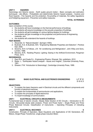 28
UNIT V HAZARDS 9
Seismology and Seismic waves - Earth quake ground motion - Basic concepts and estimation
techniques - site effects - Probabilistic and deterministic Seismic hazard analysis - Cyclone and
flood hazards - Fire hazards and fire protection, fire-proofing of materials, fire safety regulations
and firefighting equipment - Prevention and safety measures.
TOTAL: 45 PERIODS
OUTCOMES:
Upon completion of this course,
 the students will have knowledge on the thermal performance of buildings,
 the students will acquire knowledge on the acoustic properties of buildings,
 the students will get knowledge on various lighting designs for buildings,
 the students will gain knowledge on the properties and performance of engineering
materials, and
 the students will understand the hazards of buildings.
TEXT BOOKS:
1. Alexander, D. “Natural disaster”, Springer (1993).
2. Budinski, K.G. & Budinski, M.K. “Engineering Materials Properties and Selection”, Prentice
Hall, 2009.
3. Severns, W.H. & Fellows, J.R. “Air conditioning and Refrigeration”, John Wiley and Sons,
London, 1988.
4. Stevens, W.R., “Building Physics: Lighting: Seeing in the Artificial Environment, Pergaman
Press, 2013.
REFERENCES:
1. Gaur R.K. and Gupta S.L., Engineering Physics. Dhanpat Rai publishers, 2012.
2. Reiter, L. “Earthquake hazard analysis - Issues and insights”, Columbia University Press,
1991.
3. Shearer, P.M. “Introduction to Seismology”, Cambridge University Press, 1999.
BE8251 BASIC ELECTRICAL AND ELECTRONICS ENGINEERING L T P C
3 0 0 3
OBJECTIVES:
 To explain the basic theorems used in Electrical circuits and the different components and
function of electrical machines.
 To explain the fundamentals of semiconductor and applications.
 To explain the principles of digital electronics
 To impart knowledge of communication.
UNIT I ELECTRICAL CIRCUITS & MEASURMENTS 9
Fundamental laws of electric circuits– Steady State Solution of DC Circuits – Introduction to AC
Circuits –Sinusoidal steady state analysis– Power and Power factor – Single Phase and Three
Phase Balanced Circuits. Classification of instruments – Operating Principles of indicating
Instruments
UNIT II ELECTRICAL MACHINES 9
Construction, Principle of Operation, Basic Equations and Applications of DC Generators, DC
Motors, Single Phase Transformer, single phase induction Motor.
 
