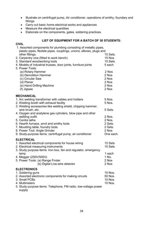 34
 Illustrate on centrifugal pump, Air conditioner, operations of smithy, foundary and
fittings
 Carry out basic home electrical works and appliances
 Measure the electrical quantities
 Elaborate on the components, gates, soldering practices.
LIST OF EQUIPMENT FOR A BATCH OF 30 STUDENTS:
CIVIL
1. Assorted components for plumbing consisting of metallic pipes,
plastic pipes, flexible pipes, couplings, unions, elbows, plugs and
other fittings. 15 Sets.
2. Carpentry vice (fitted to work bench) 15 Nos.
3. Standard woodworking tools 15 Sets.
4. Models of industrial trusses, door joints, furniture joints 5 each
5. Power Tools:
(a) Rotary Hammer 2 Nos
(b) Demolition Hammer 2 Nos
(c) Circular Saw 2 Nos
(d) Planer 2 Nos
(e) Hand Drilling Machine 2 Nos
(f) Jigsaw 2 Nos
MECHANICAL
1. Arc welding transformer with cables and holders 5 Nos.
2. Welding booth with exhaust facility 5 Nos.
3. Welding accessories like welding shield, chipping hammer,
wire brush, etc. 5 Sets.
4. Oxygen and acetylene gas cylinders, blow pipe and other
welding outfit. 2 Nos.
5. Centre lathe 2 Nos.
6. Hearth furnace, anvil and smithy tools 2 Sets.
7. Moulding table, foundry tools 2 Sets.
8. Power Tool: Angle Grinder 2 Nos
9. Study-purpose items: centrifugal pump, air-conditioner One each.
ELECTRICAL
1. Assorted electrical components for house wiring 15 Sets
2. Electrical measuring instruments 10 Sets
3. Study purpose items: Iron box, fan and regulator, emergency
lamp 1 each
4. Megger (250V/500V) 1 No.
5. Power Tools: (a) Range Finder 2 Nos
(b) Digital Live-wire detector 2 Nos
ELECTRONICS
1. Soldering guns 10 Nos.
2. Assorted electronic components for making circuits 50 Nos.
3. Small PCBs 10 Nos.
4. Multimeters 10 Nos.
5. Study purpose items: Telephone, FM radio, low-voltage power
supply
 