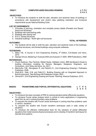 35
CE8211 COMPUTER AIDED BUILDING DRAWING L T P C
0 0 4 2
OBJECTIVES:
 To introduce the students to draft the plan, elevation and sectional views of buildings in
accordance with development and control rules satisfying orientation and functional
requirements as per National Building Code.
LIST OF EXPERIMENTS
1. Principles of planning, orientation and complete joinery details (Paneled and Glazed
Doors and Windows)
2. Buildings with load bearing walls
3. Buildings with sloping roof
4. R.C.C. framed structures.
5. Industrial buildings – North light roof structures
TOTAL: 60 PERIODS
OUTCOMES:
 The students will be able to draft the plan, elevation and sectional views of the buildings,
industrial structures, and framed buildings using computer softwares.
TEXTBOOKS:
1. Sikka V.B., A Course in Civil Engineering Drawing, 4th
Edition, S.K.Kataria and Sons,
2015.
2. George Omura, Mastering in Autocad 2005 and Autocad LT 2005– BPB Publications, 2008
REFERENCES:
1. Chuck Eastman, Paul Teicholz, Rafael Sacks, Kathleen Liston, BIM Handbook:A Guide to
building information modeling for Owners, Managers, Designers, Engineers, and
Contractors, John Wiley and Sons. Inc.,2011.
2. Marimuthu V.M., Murugesan R. and Padmini S., Civil Engineering Drawing-I, Pratheeba
Publishers, 2008.
3. Shah.M.G., Kale. C.M. and Patki.S.Y., Building Drawing with an Integrated Approach to
Built Environment, Tata McGraw Hill Publishers Limited, 2007.
4. Verma.B.P., Civil Engineering Drawing and House Planning, Khanna Publishers, 2010.
MA8353 TRANSFORMS AND PARTIAL DIFFERENTIAL EQUATIONS L T P C
4 0 0 4
OBJECTIVES :
 To introduce the basic concepts of PDE for solving standard partial differential equations.
 To introduce Fourier series analysis which is central to many applications in engineering
apart from its use in solving boundary value problems.
 To acquaint the student with Fourier series techniques in solving heat flow problems used
in various situations.
 To acquaint the student with Fourier transform techniques used in wide variety of
situations.
 To introduce the effective mathematical tools for the solutions of partial differential
equations that model several physical processes and to develop Z transform techniques for
discrete time systems.
 